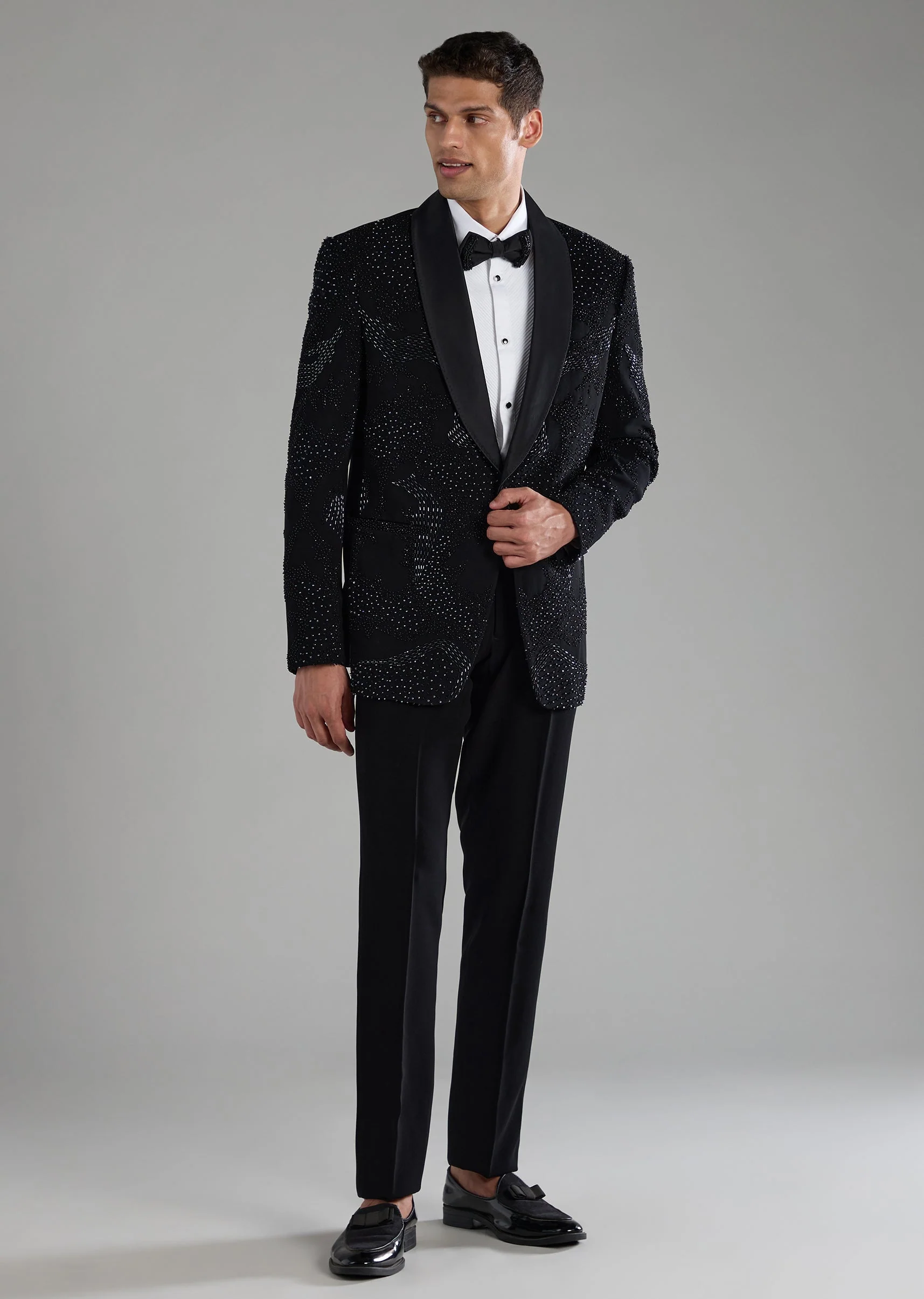 Black Embellished Tuxedo Set with Bow Tie - Image 2