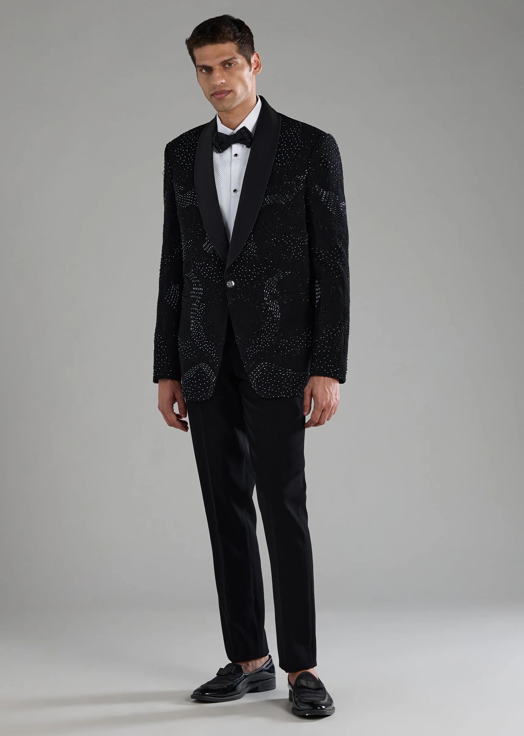 Black Embellished Tuxedo Set with Bow Tie - Image 4