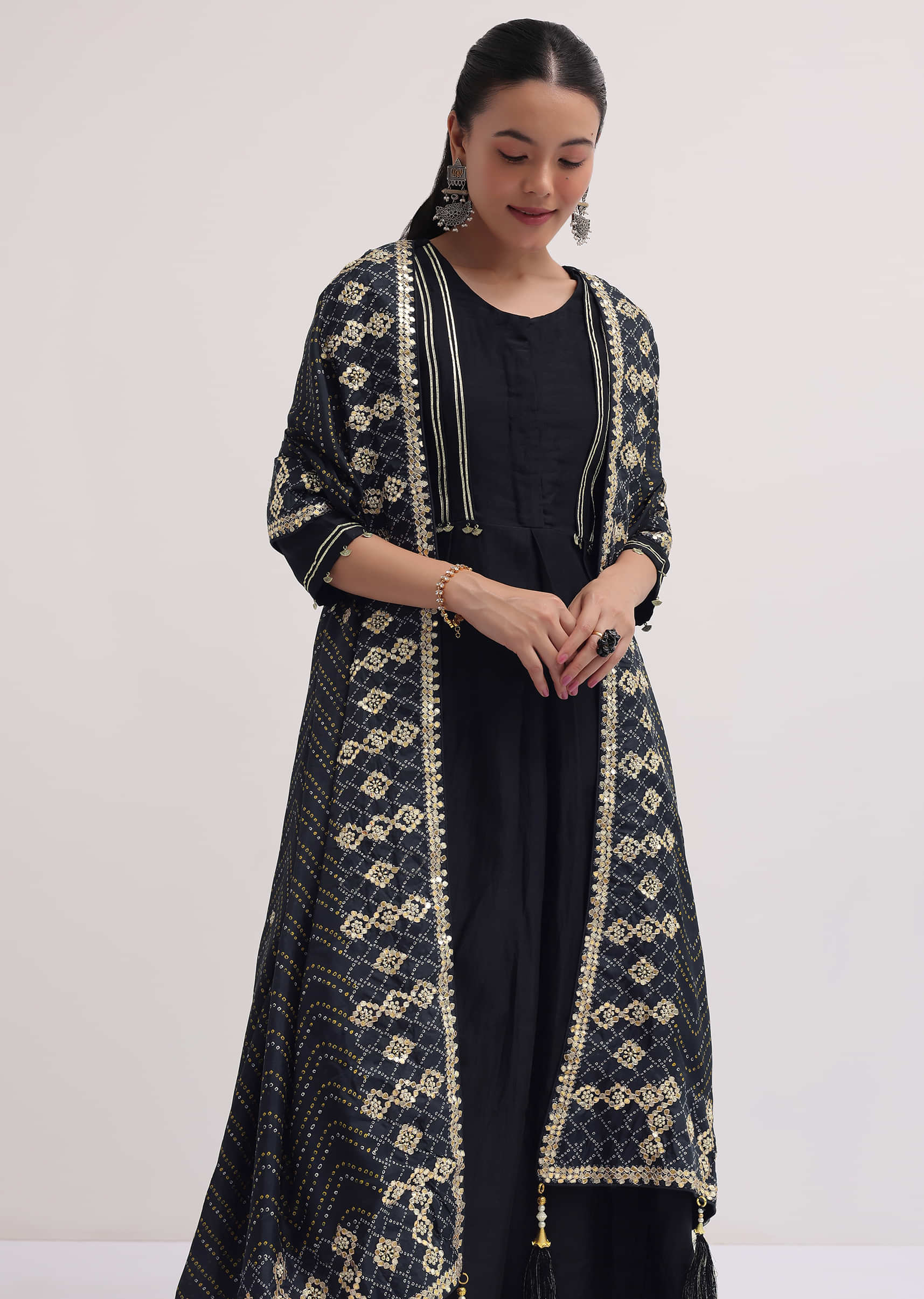 Black Embroidered Chanderi Anarkali Set - Image 4