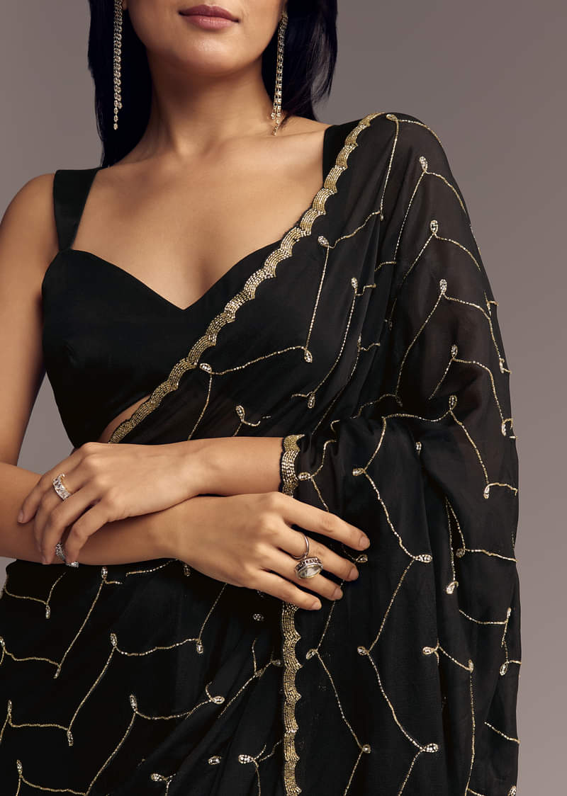 Black Embroidered Chinon Saree With Cut Dana Work - Image 2