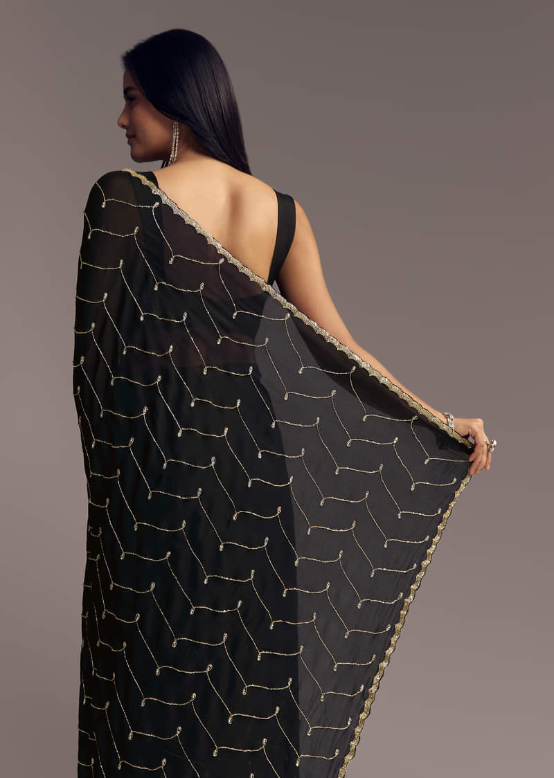 Black Embroidered Chinon Saree With Cut Dana Work - Image 3