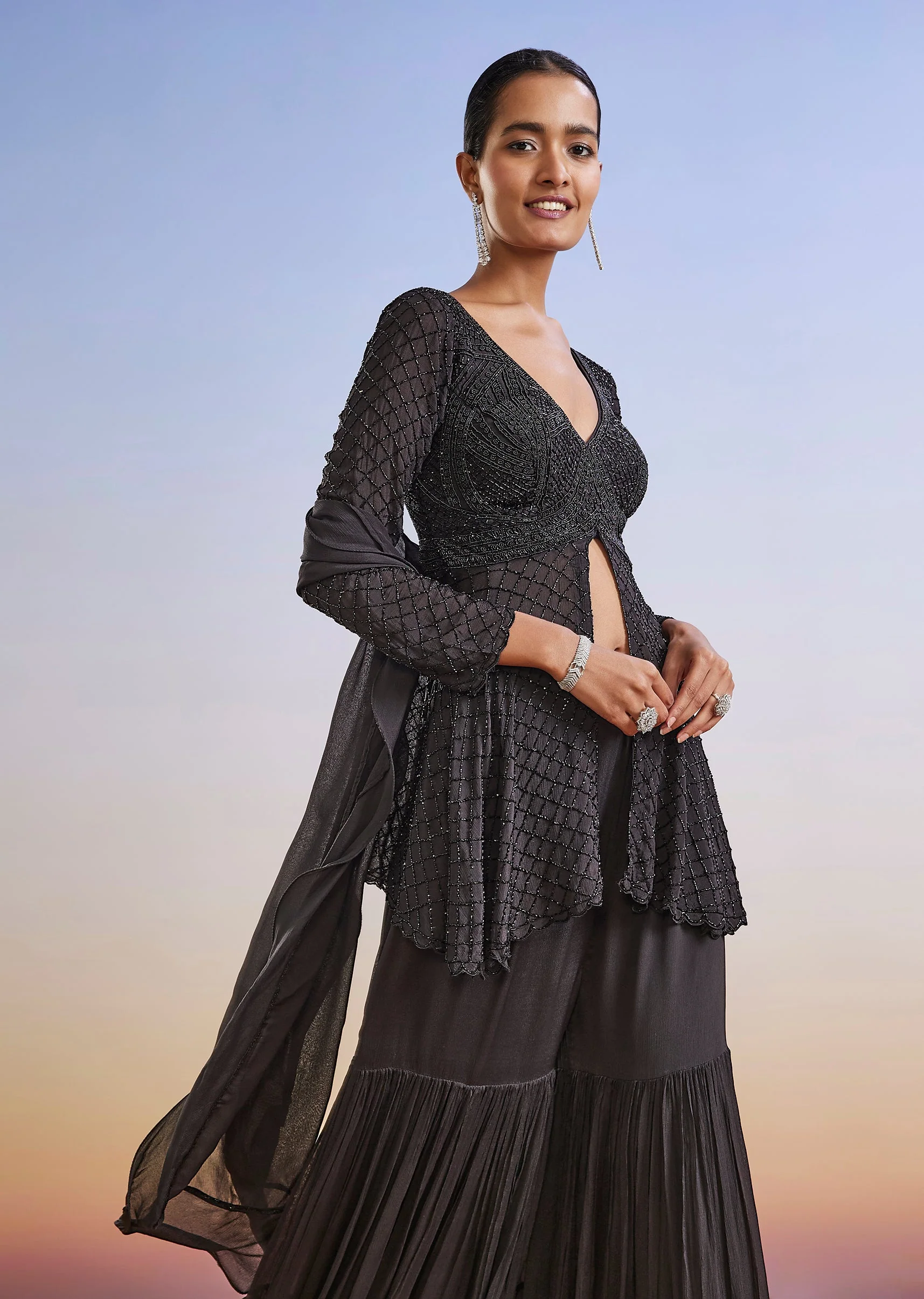 Black Embroidered Chinon Sharara Suit With Peplum Kurta - Image 4