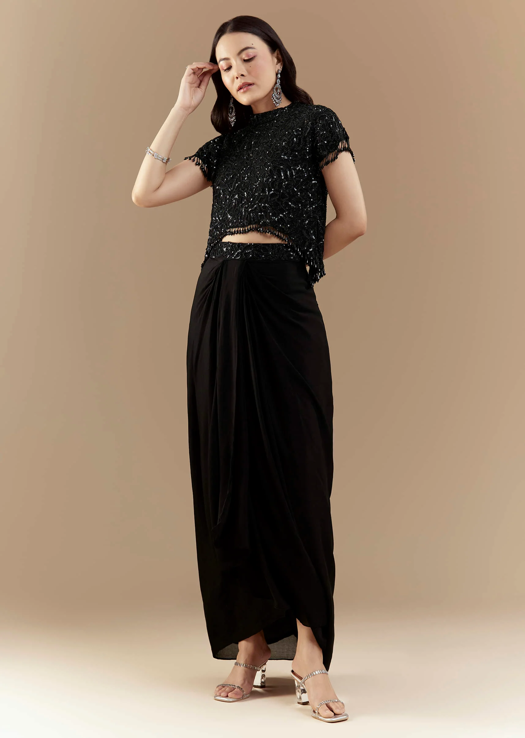 Black Embroidered Crop Top and Skirt Set