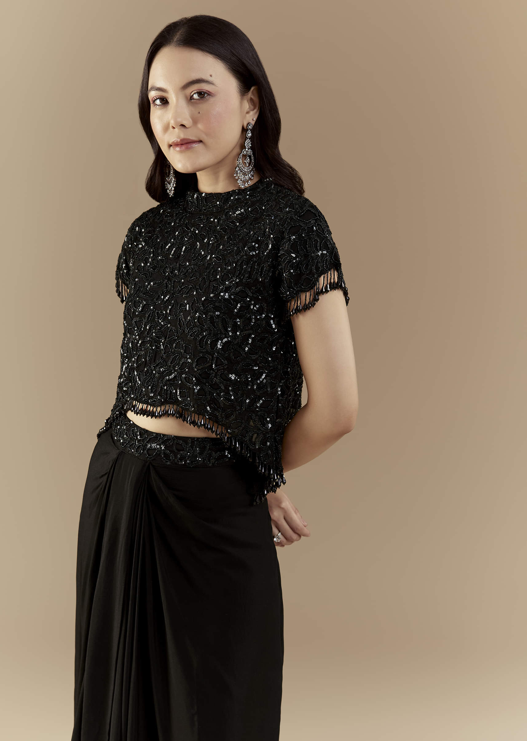 Black Embroidered Crop Top and Skirt Set - Image 4