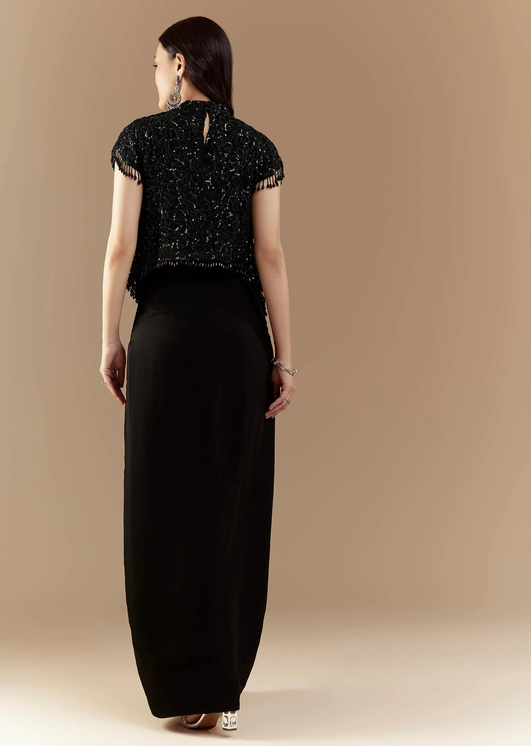 Black Embroidered Crop Top and Skirt Set - Image 5