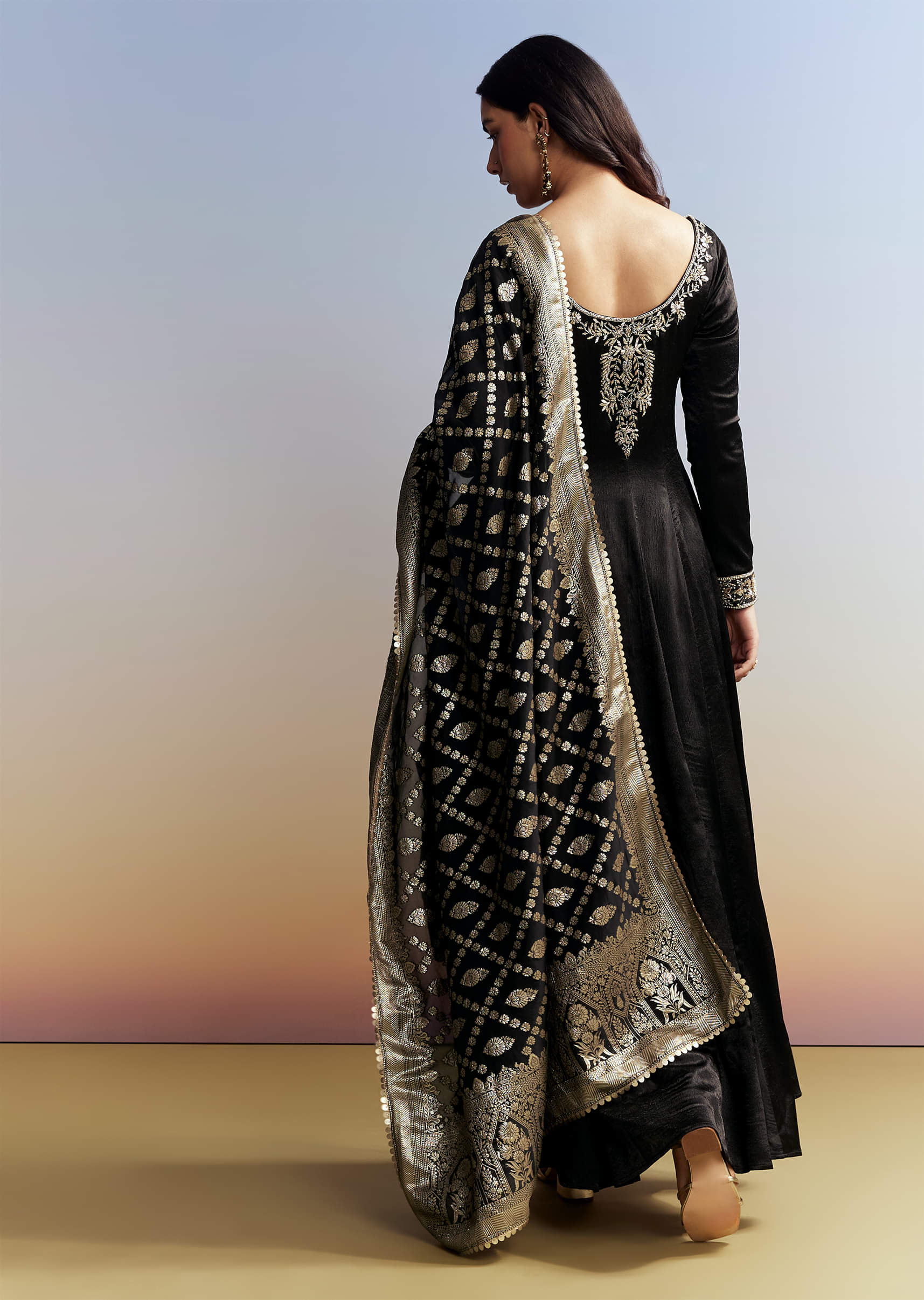 Black Embroidered Crush Satin Anarkali Set - Image 4