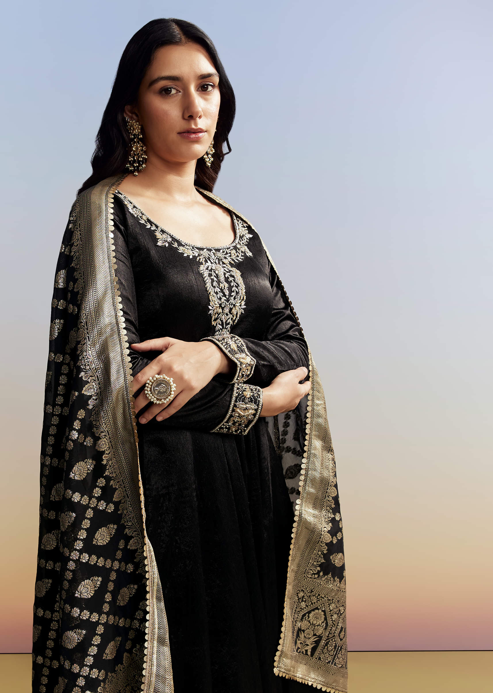 Black Embroidered Crush Satin Anarkali Set - Image 5