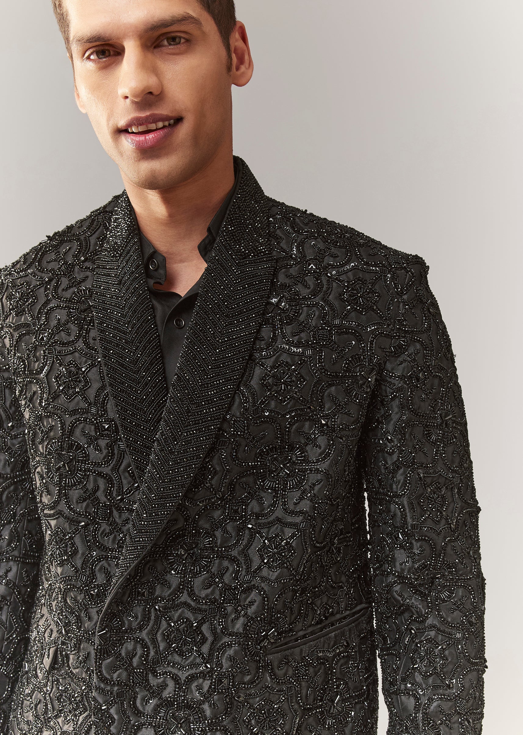 Black Embroidered Double Breasted Tuxedo Set With Sequins And Cutdana - Image 2