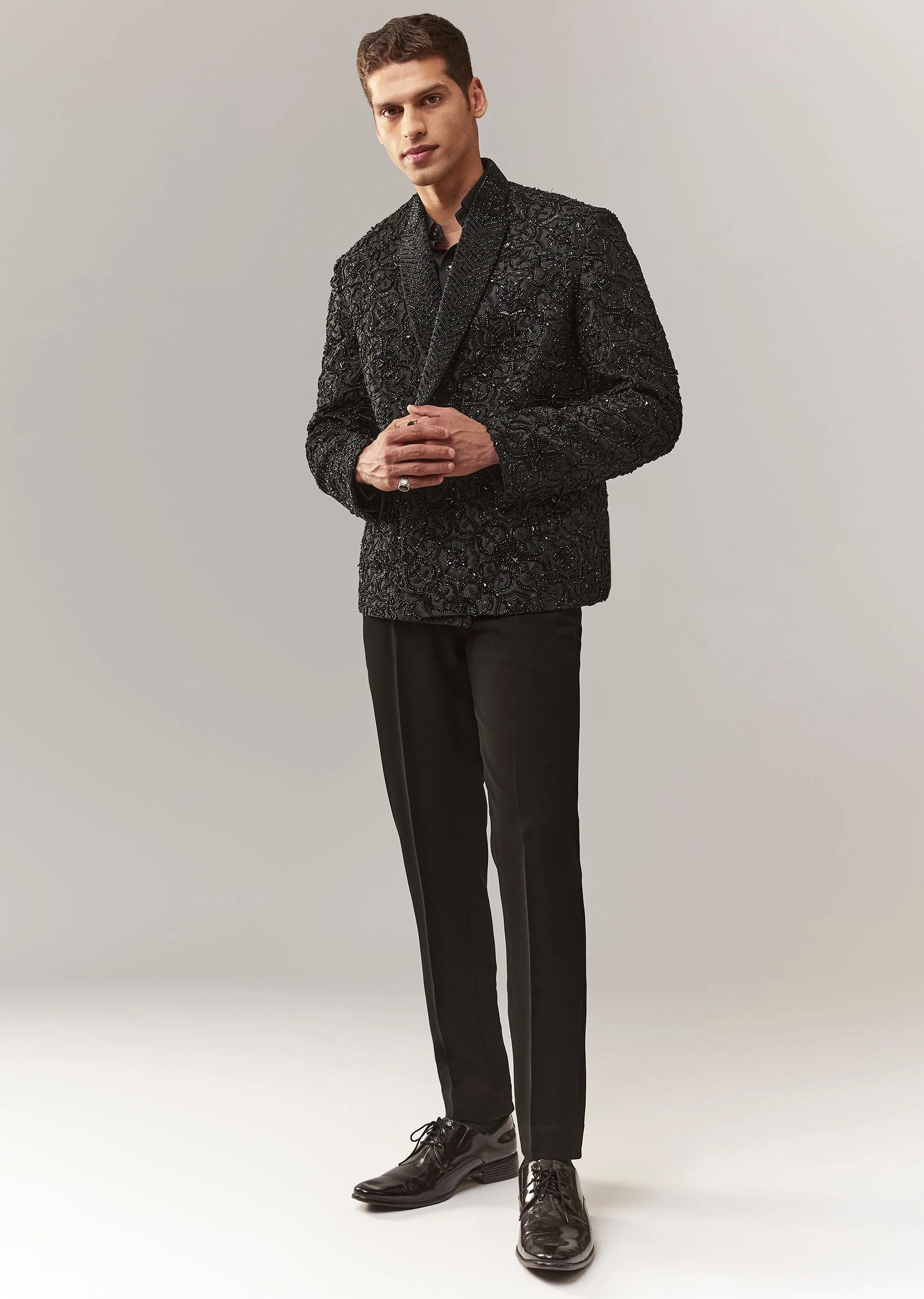 Black Embroidered Double Breasted Tuxedo Set With Sequins And Cutdana - Image 3
