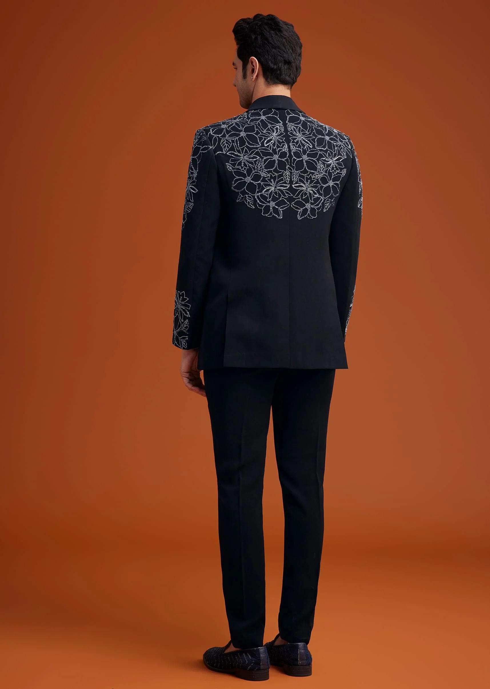 Black Embroidered Floral Tuxedo Set - Image 5