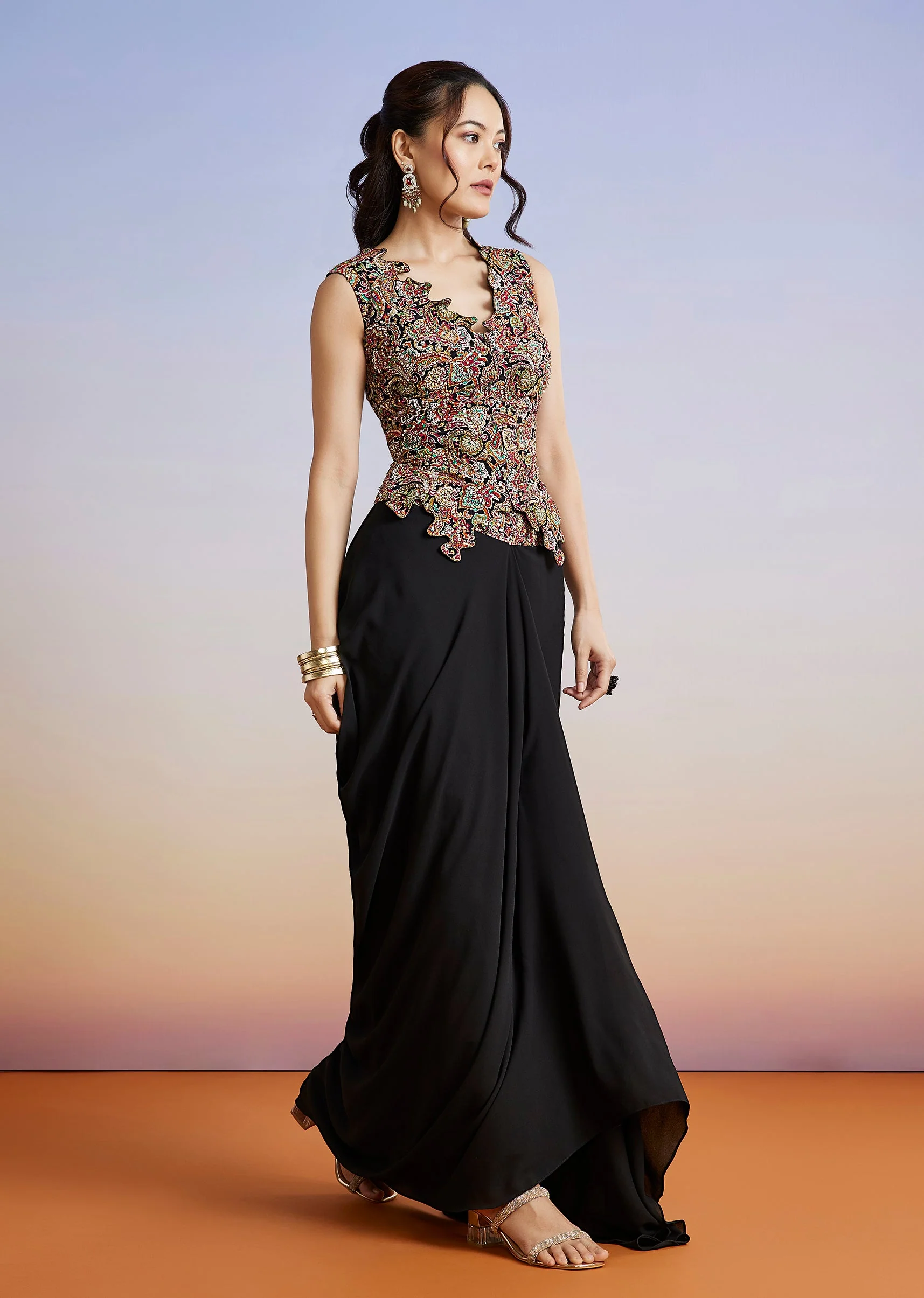 Black Embroidered Georgette Drape Skirt Set - Image 3