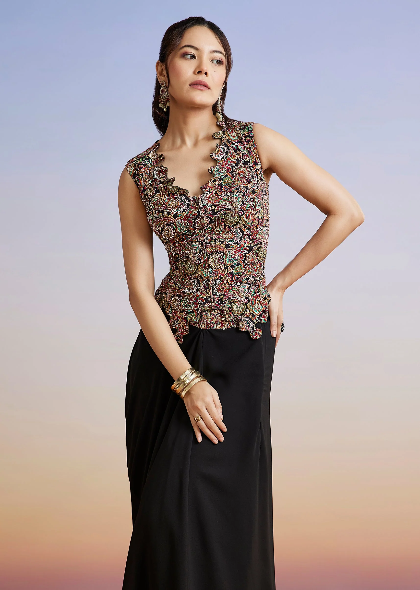 Black Embroidered Georgette Drape Skirt Set - Image 4