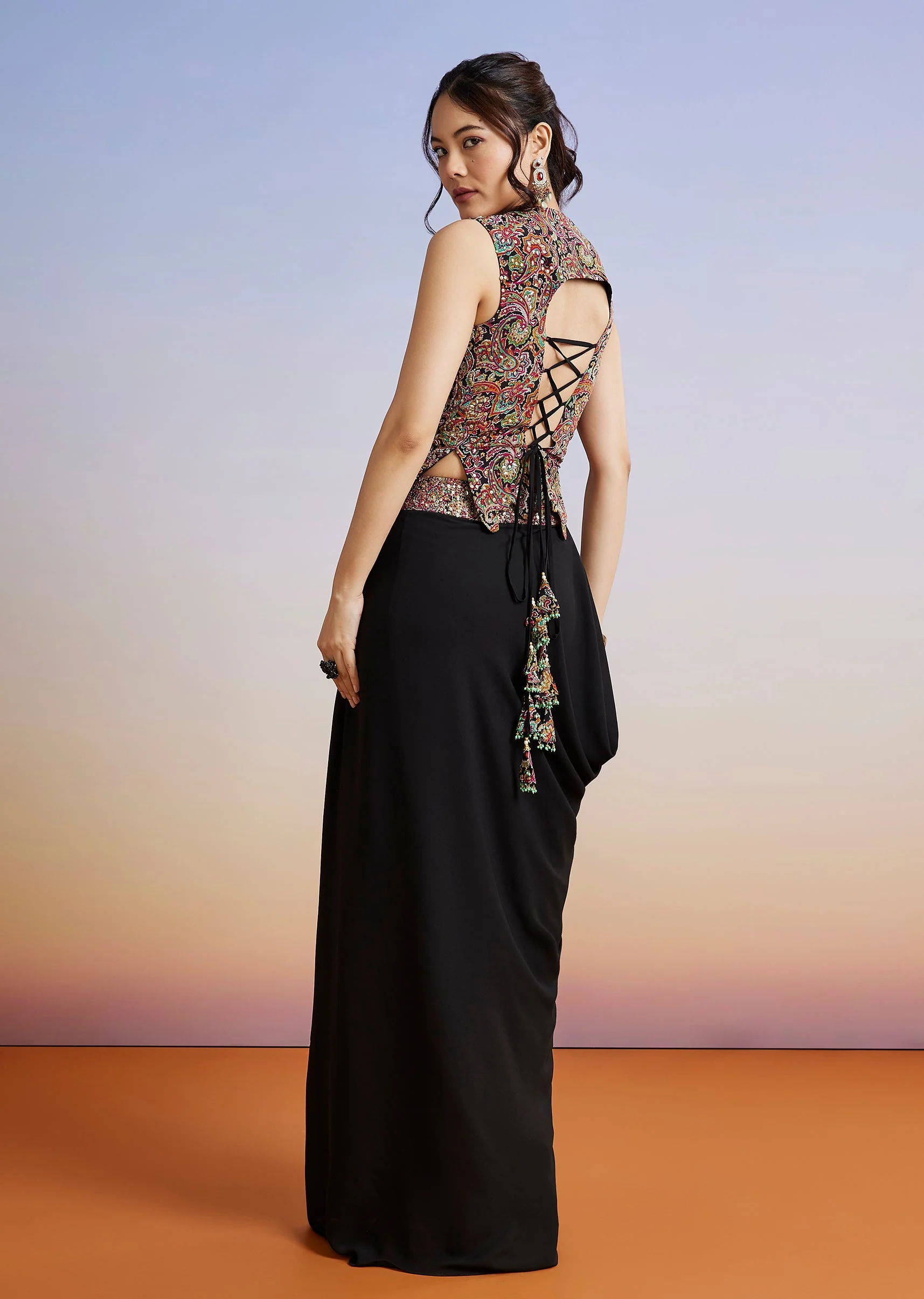 Black Embroidered Georgette Drape Skirt Set - Image 5