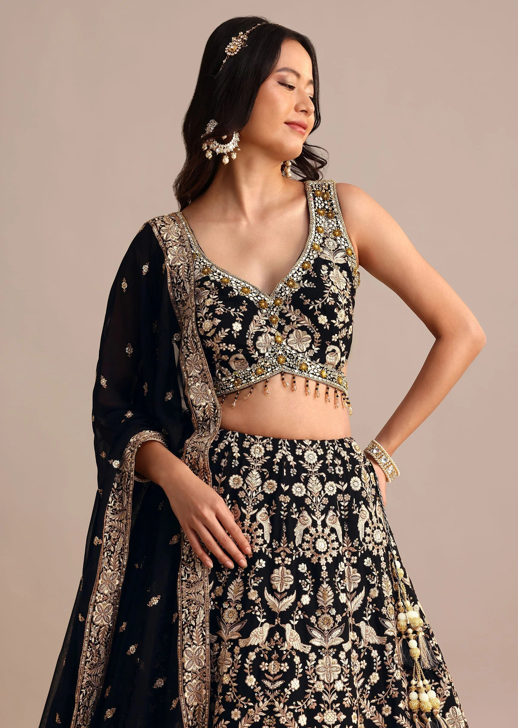 Black Embroidered Georgette Lehenga Choli With Dupatta - Image 2