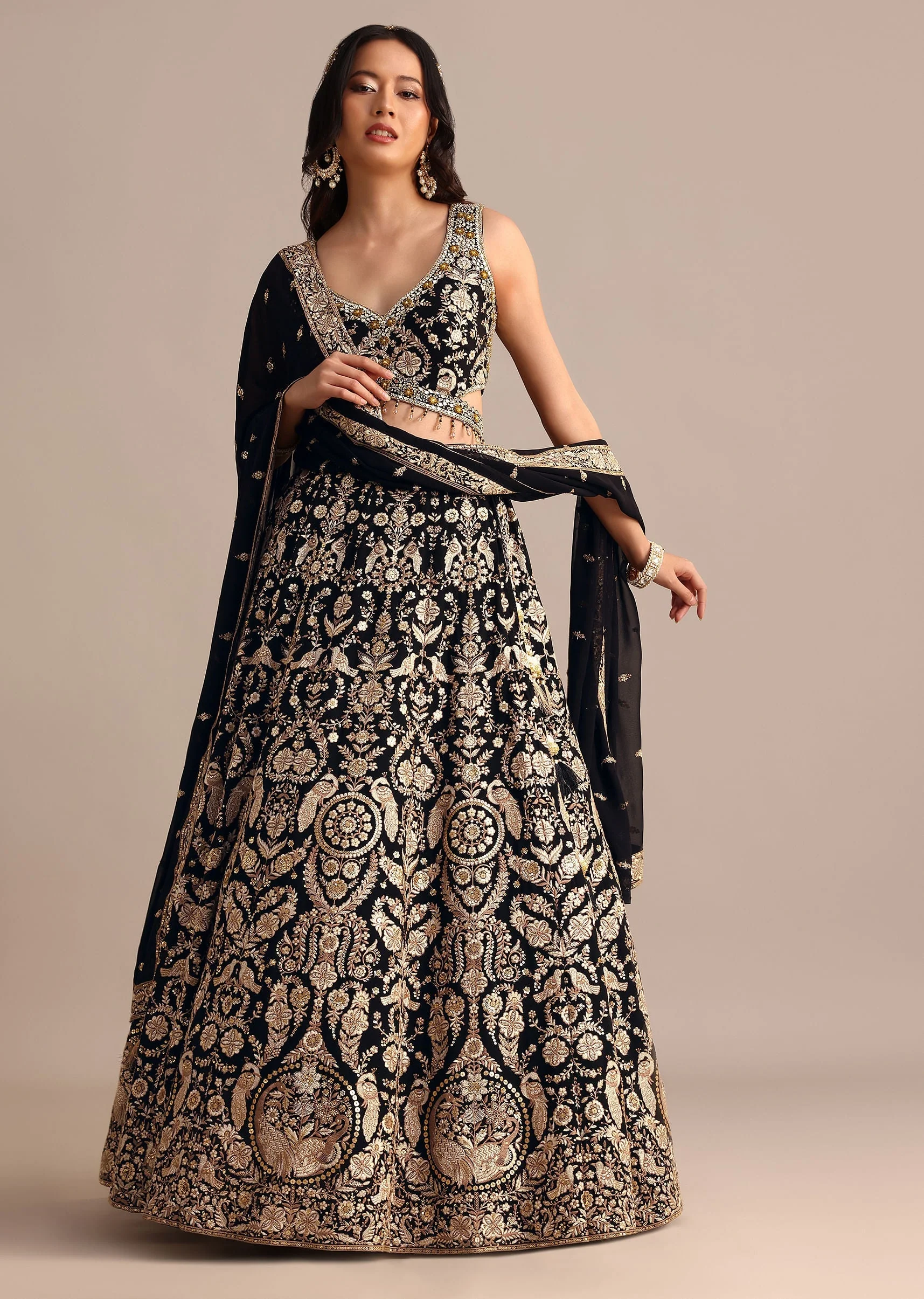 Black Embroidered Georgette Lehenga Choli With Dupatta - Image 3