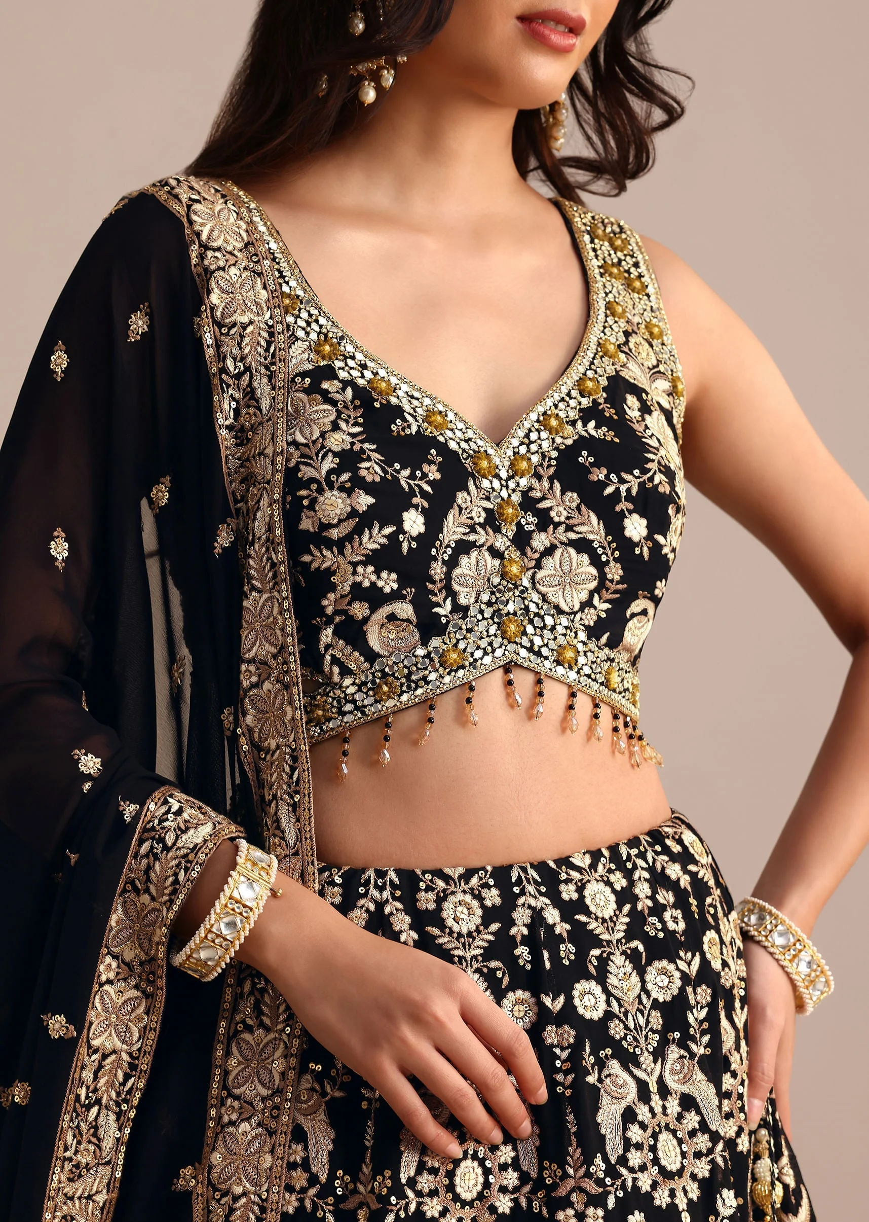Black Embroidered Georgette Lehenga Choli With Dupatta - Image 4