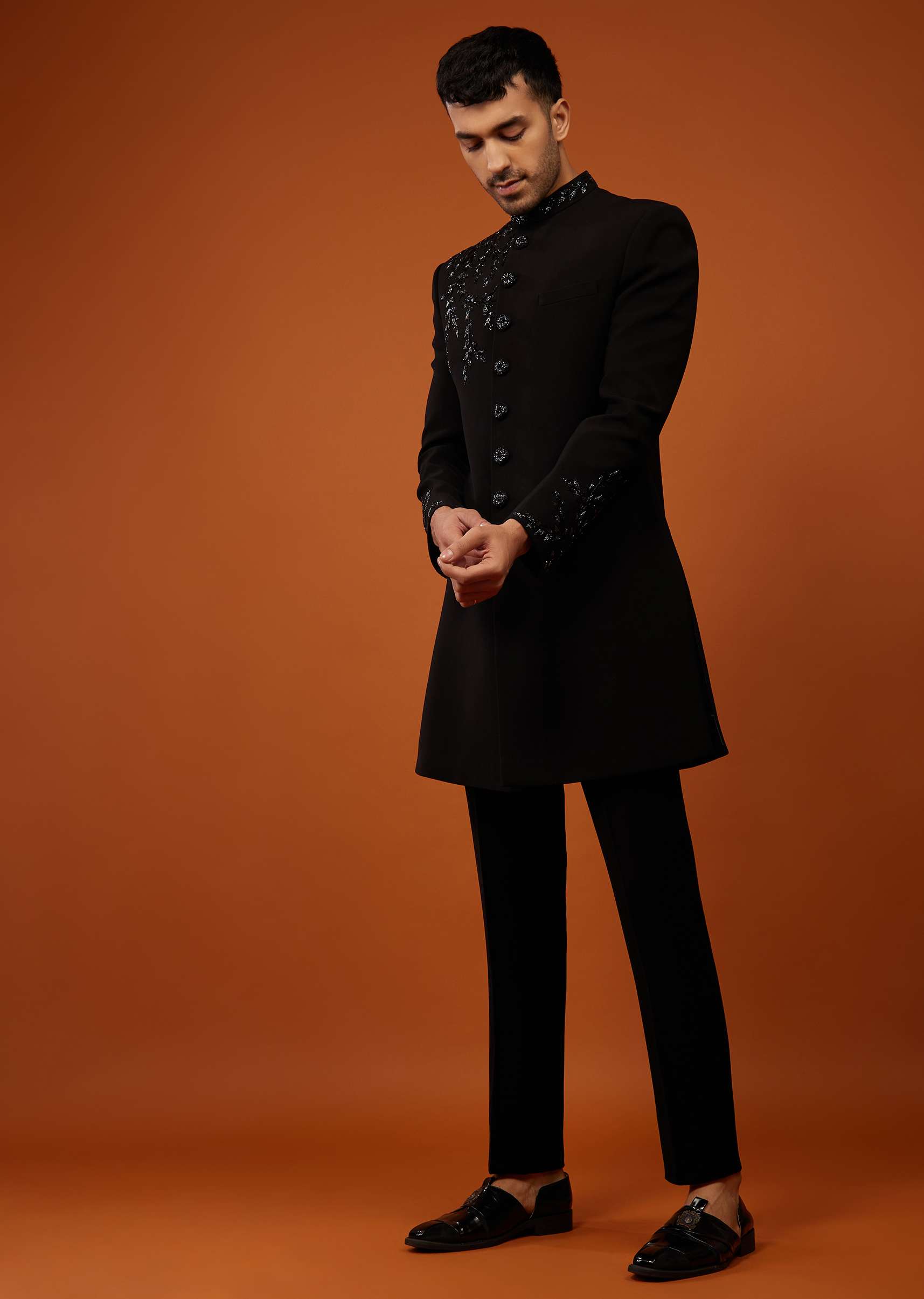 Black Embroidered Indo-Western Sherwani Set In Imported Suiting Fabric - Image 3