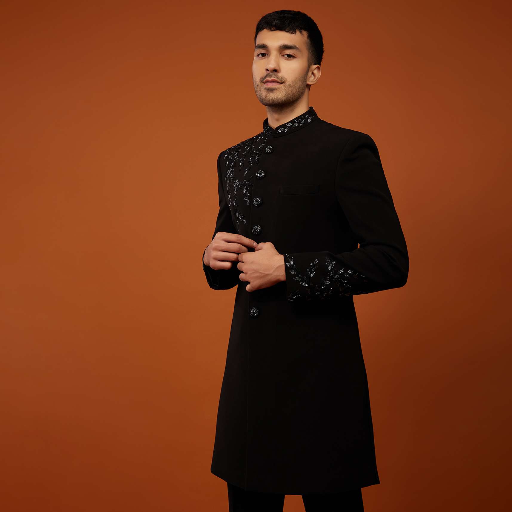 Black Embroidered Indo-Western Sherwani Set In Imported Suiting Fabric - Image 4