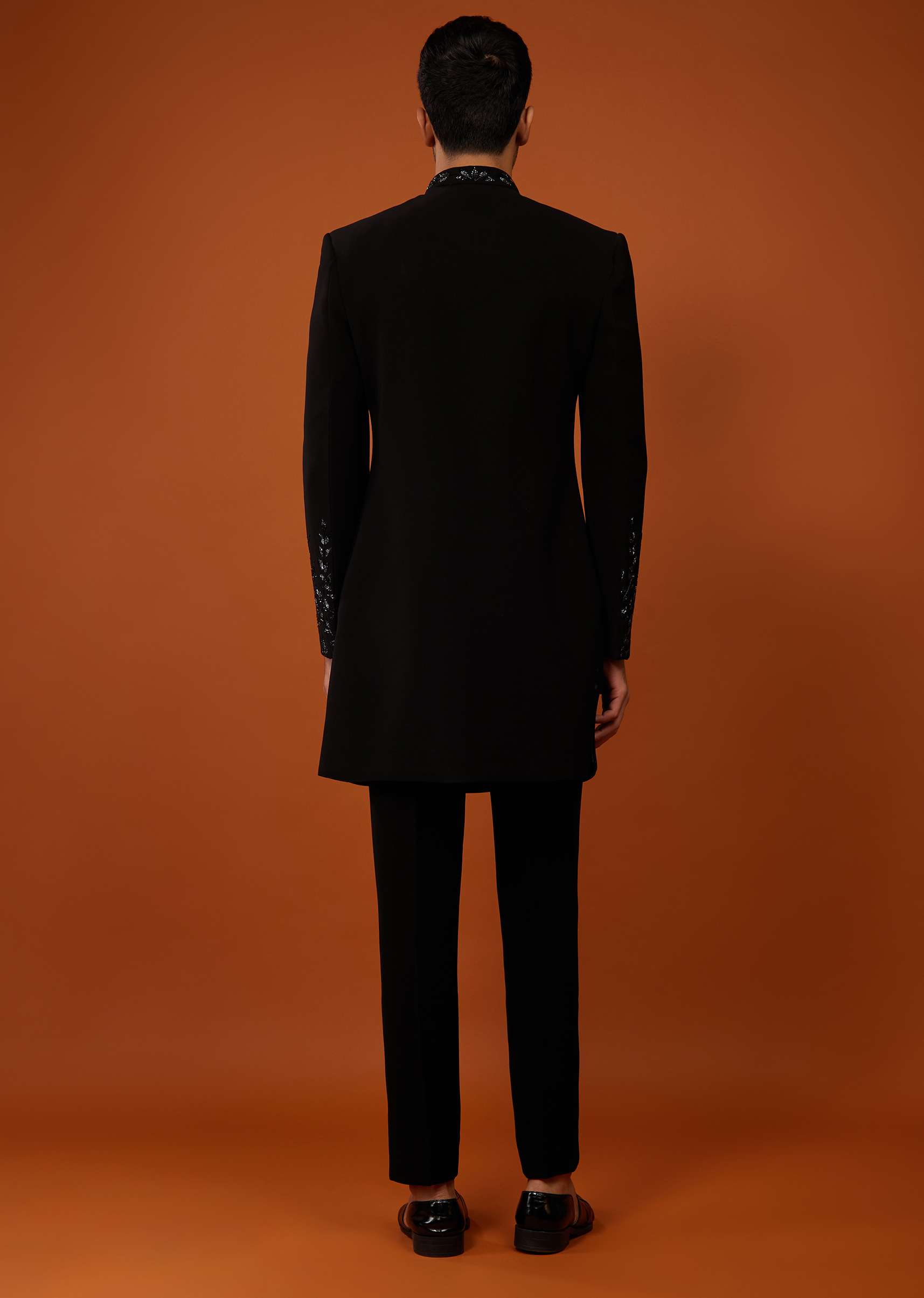 Black Embroidered Indo-Western Sherwani Set In Imported Suiting Fabric - Image 5