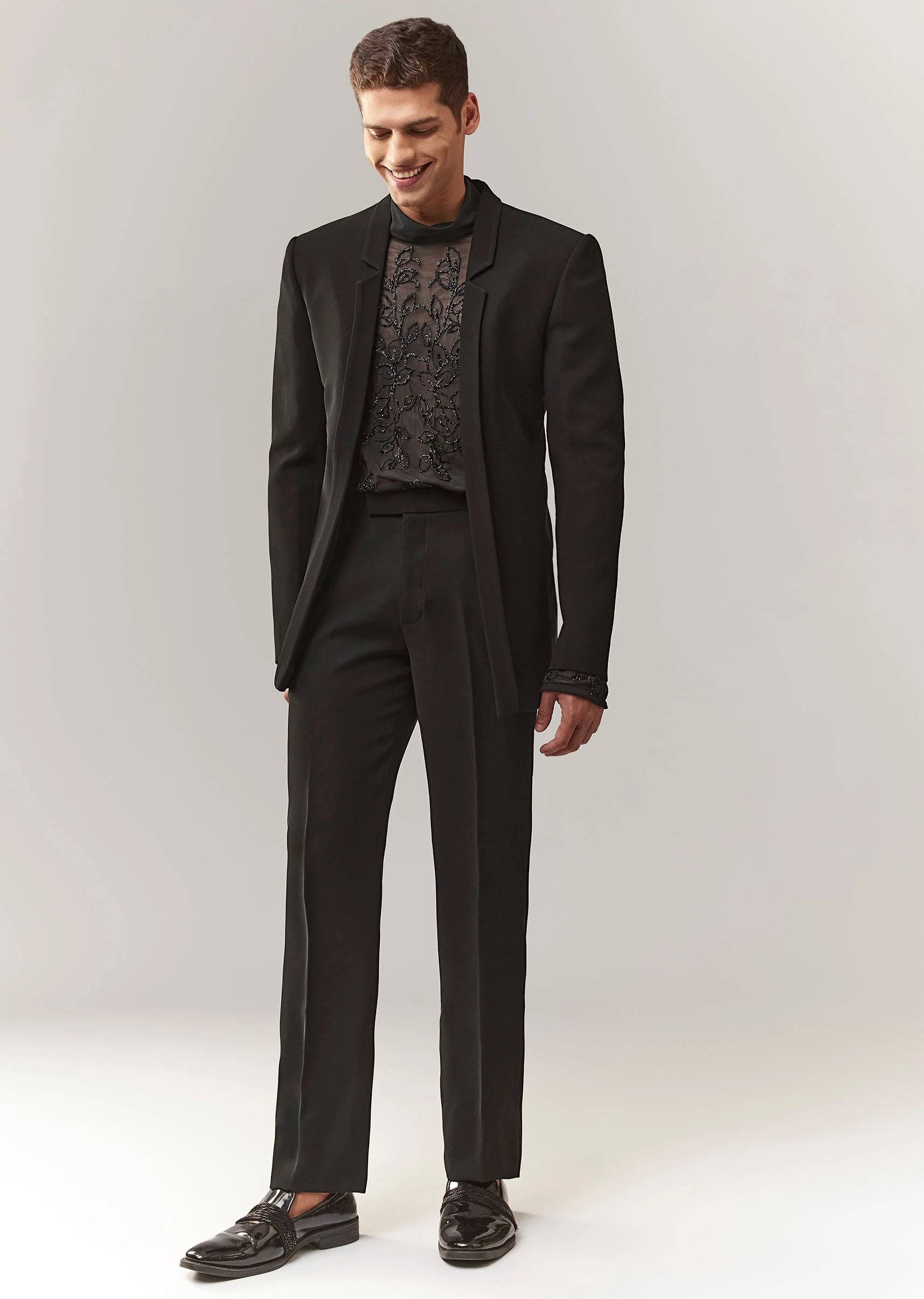 Black Embroidered Jacket Set With Cutdana And Bead Work