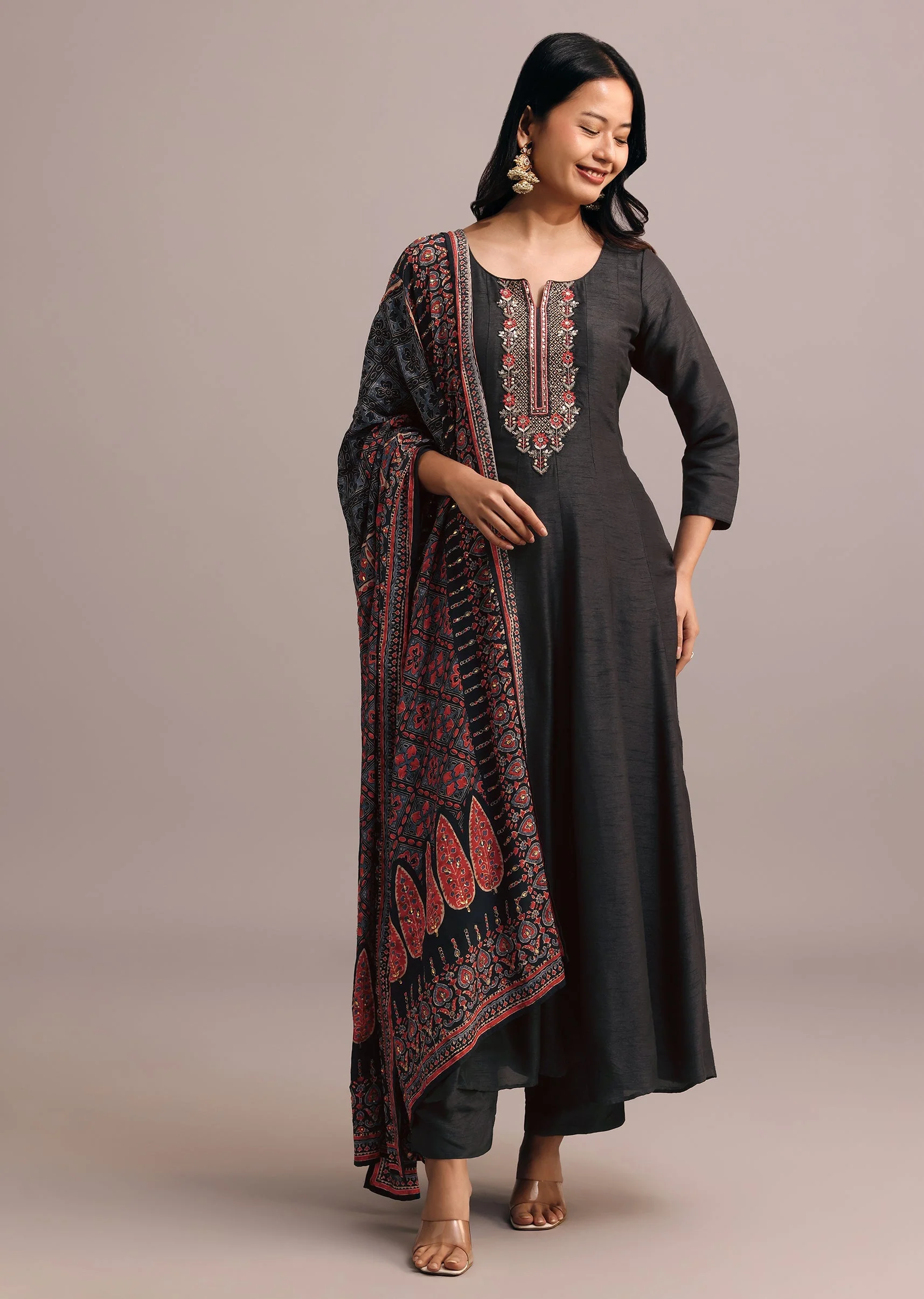 Black Embroidered Kurti Set With Modal Silk Ajrakh Printed Dupatta - Image 3