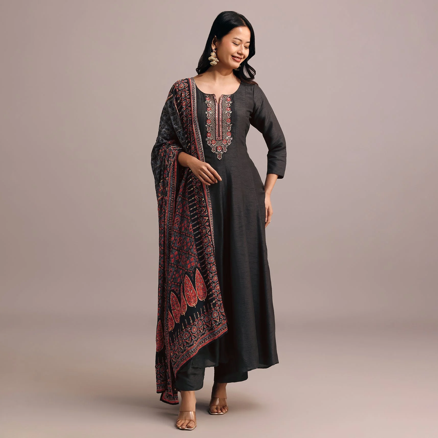 Black Embroidered Kurti Set With Modal Silk Ajrakh Printed Dupatta - Image 4