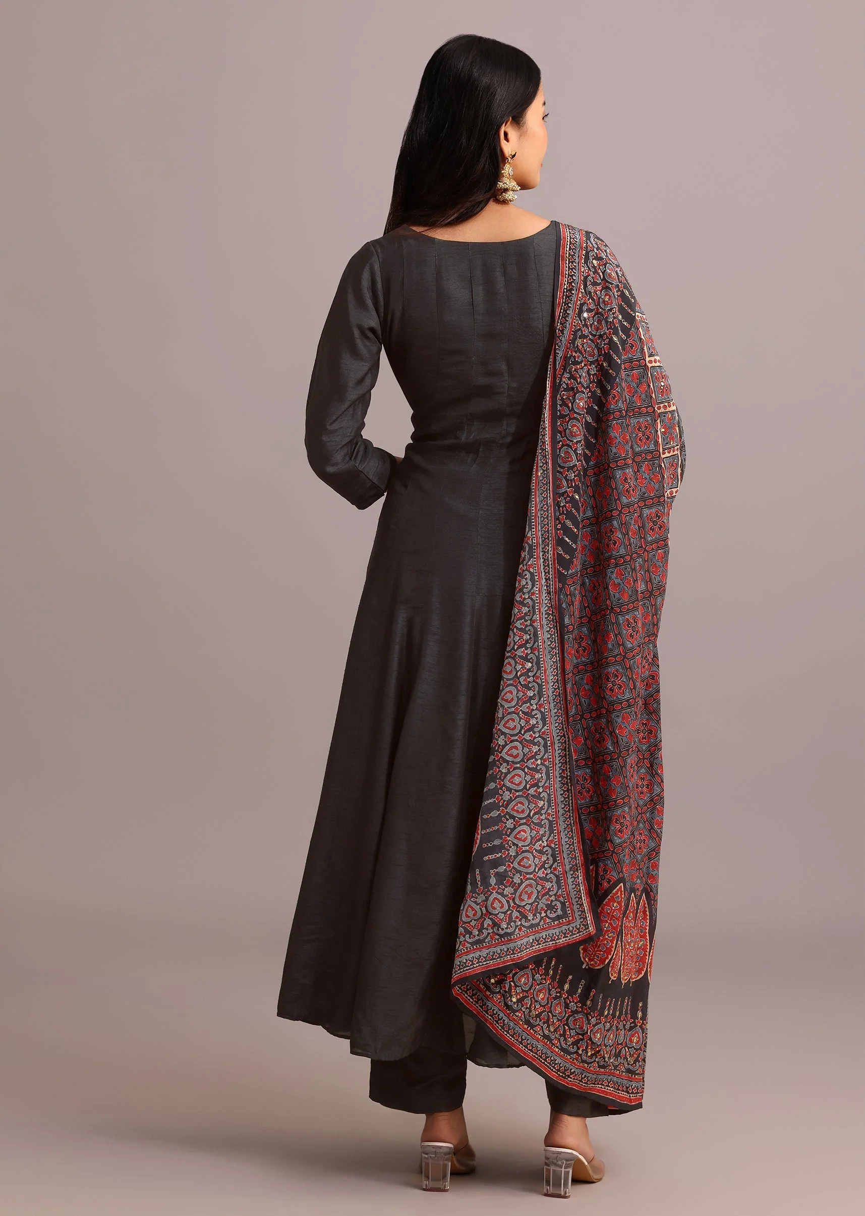 Black Embroidered Kurti Set With Modal Silk Ajrakh Printed Dupatta - Image 6