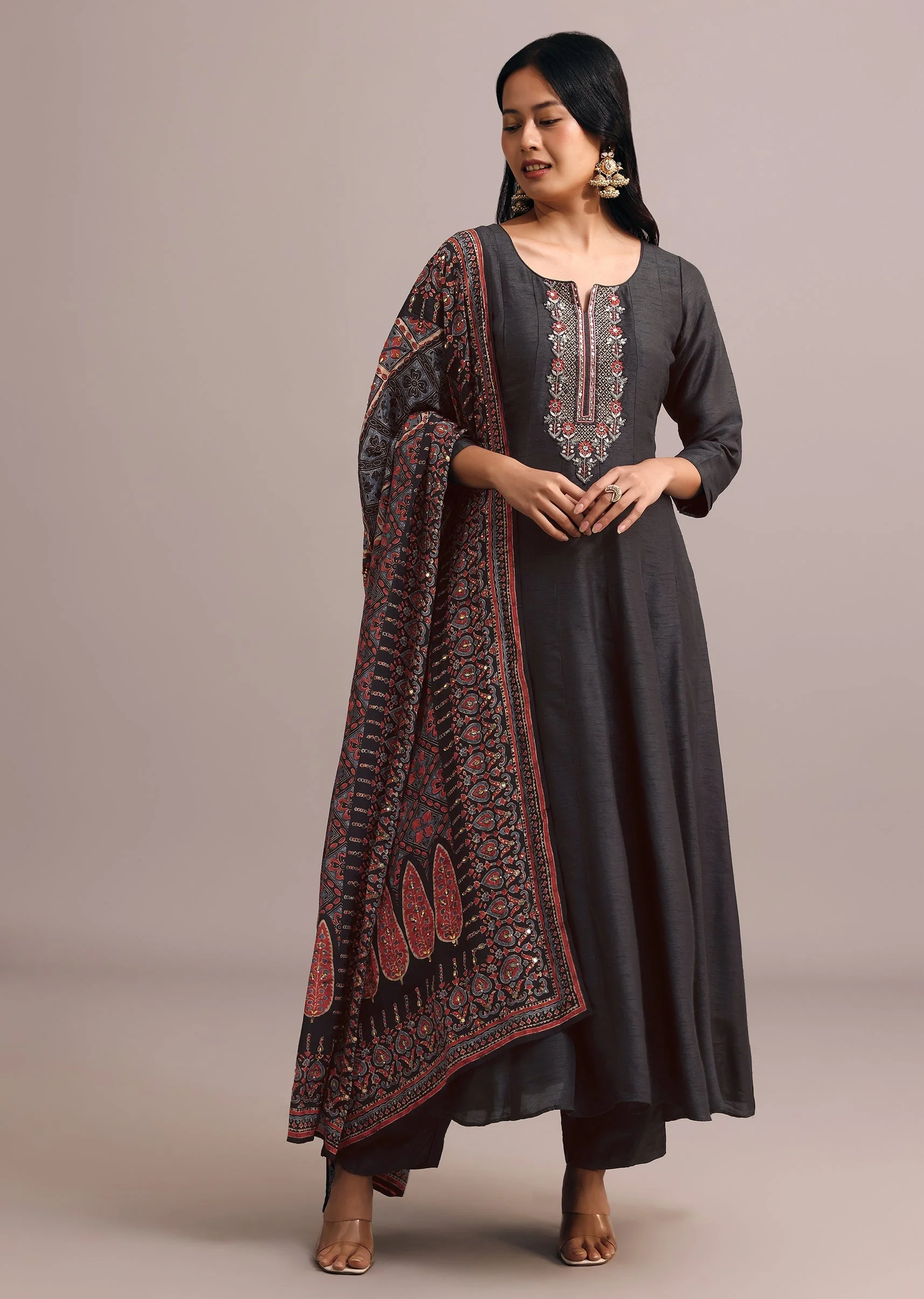Black Embroidered Kurti Set With Modal Silk Ajrakh Printed Dupatta - Image 7