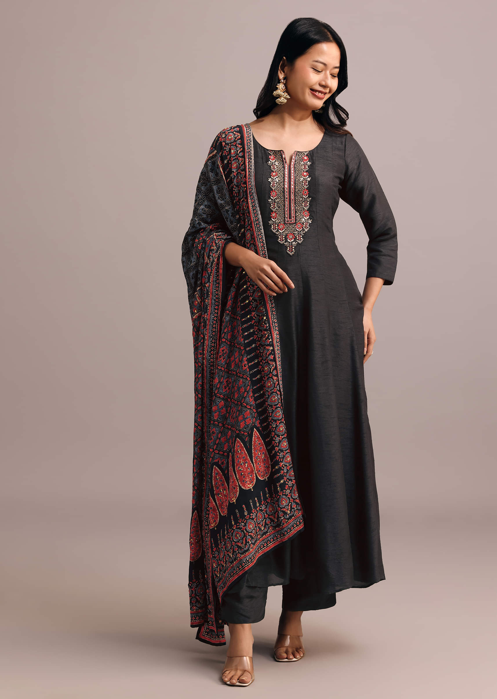 Black Embroidered Kurti Set With Modal Silk Ajrakh Printed Dupatta - Image 8