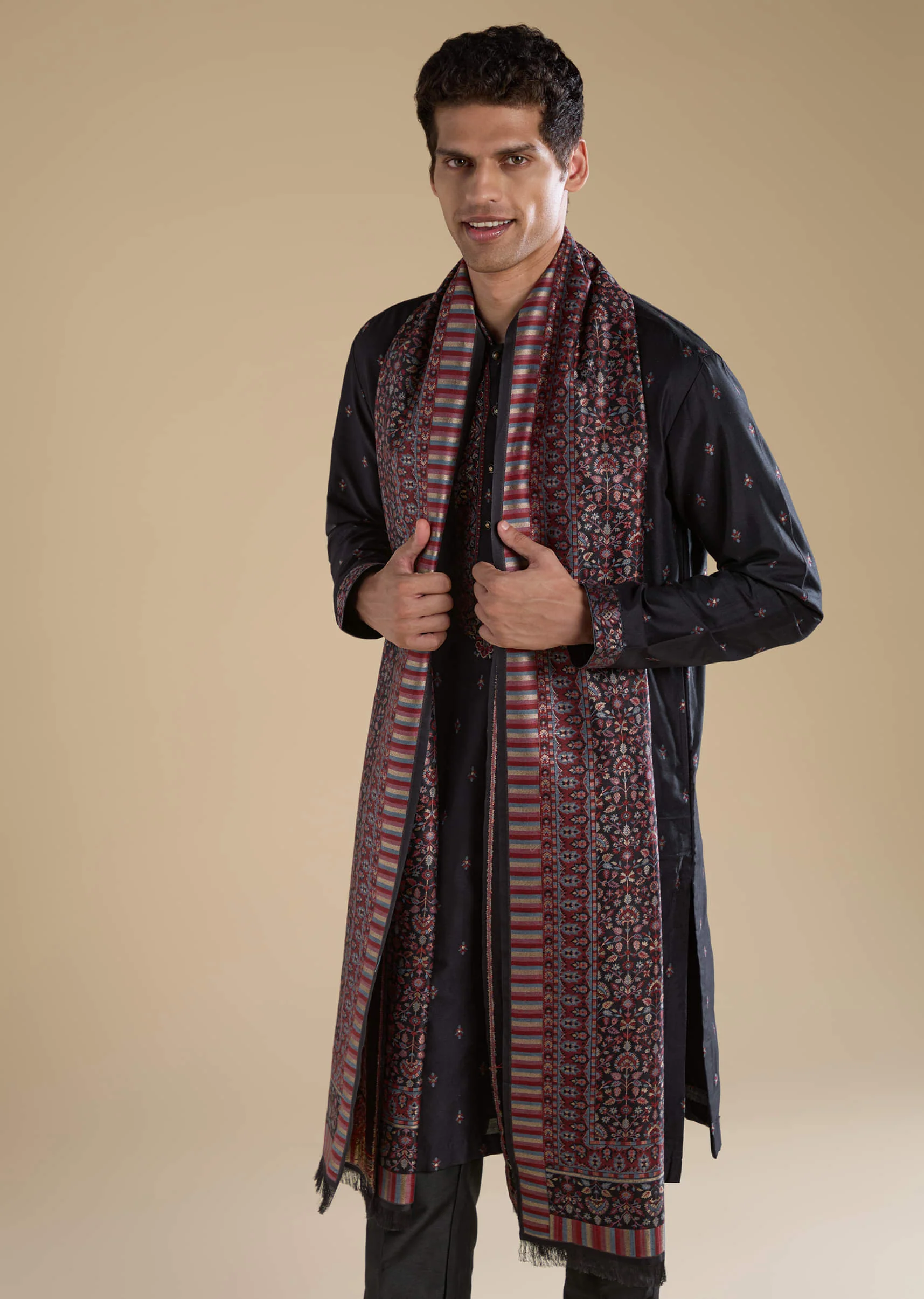 Black Embroidered Mens Kurta Set with Kashmiri Print Dupatta - Image 2