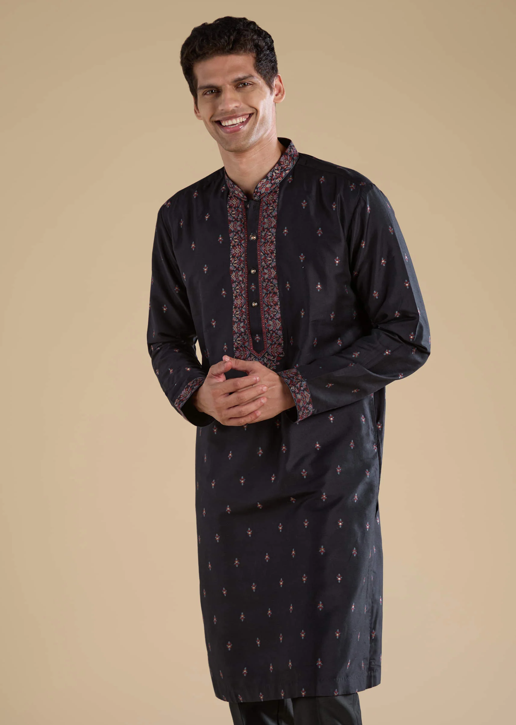 Black Embroidered Mens Kurta Set with Kashmiri Print Dupatta - Image 6