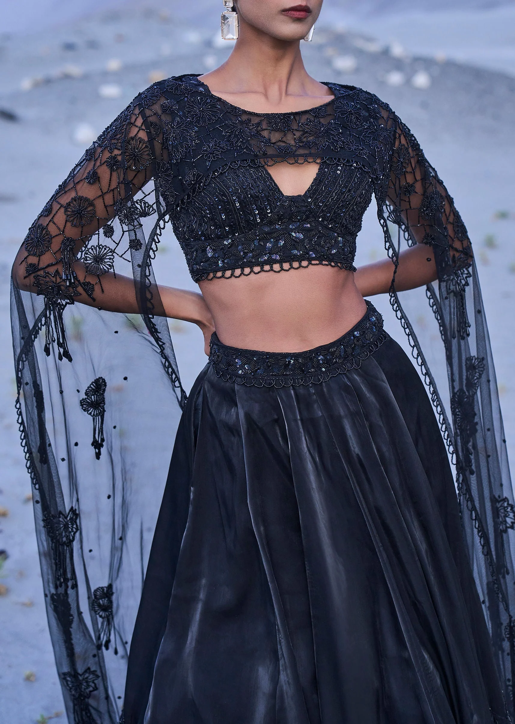 Black Embroidered Organza Lehenga Set With Cape - Image 2