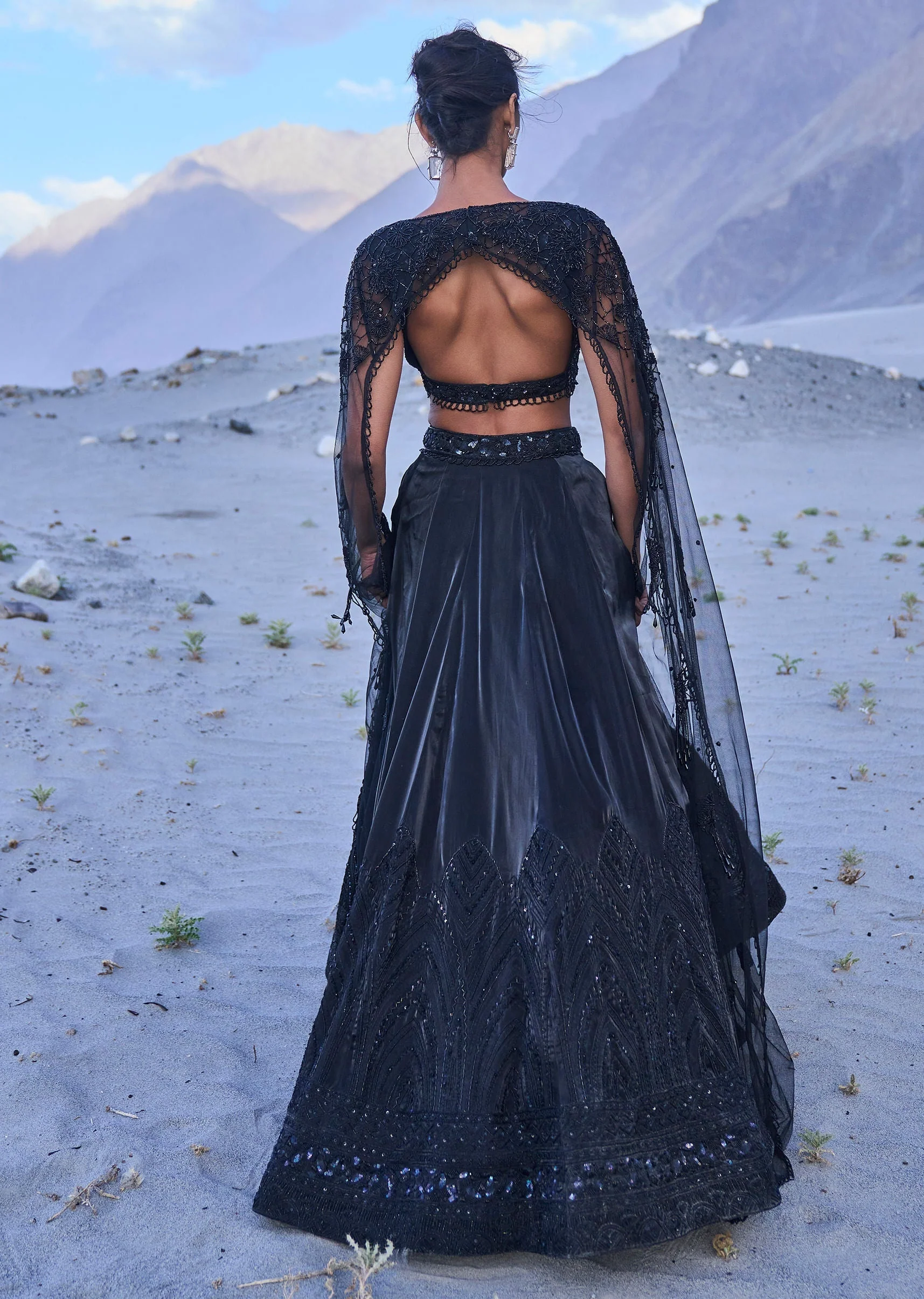 Black Embroidered Organza Lehenga Set With Cape - Image 5
