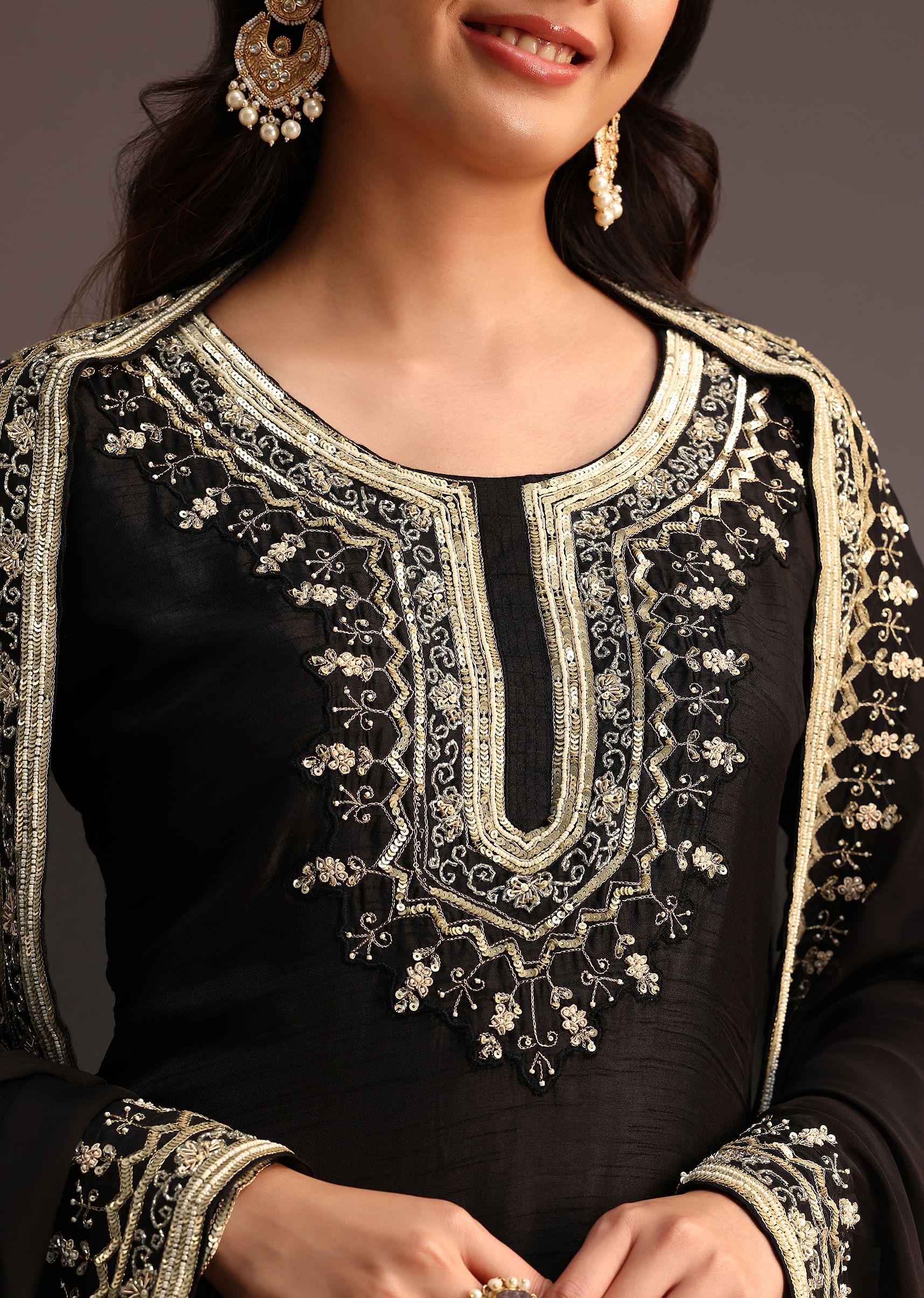 Black Embroidered Palazzo Suit With Chanderi Dupatta - Image 2