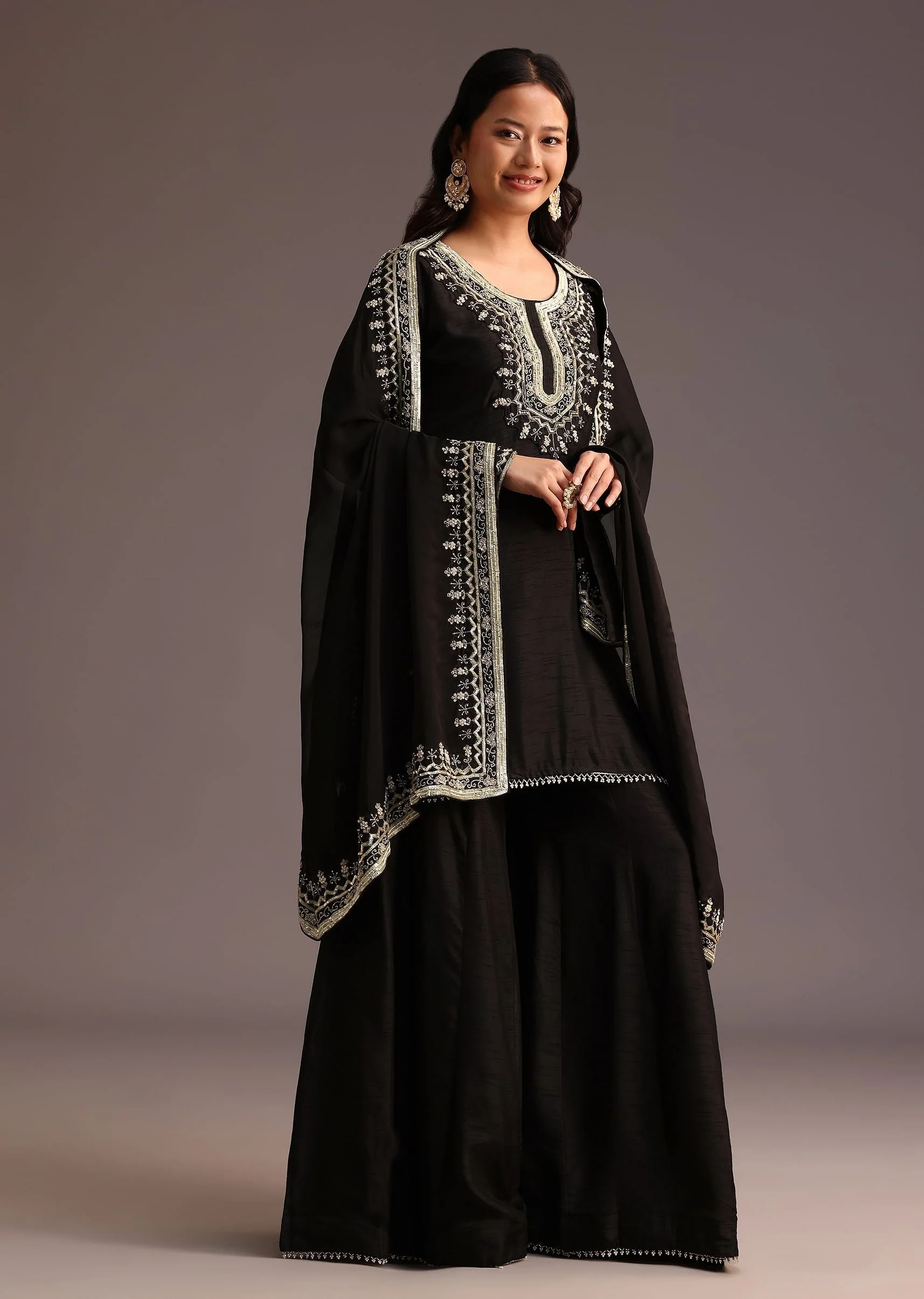 Black Embroidered Palazzo Suit With Chanderi Dupatta - Image 3