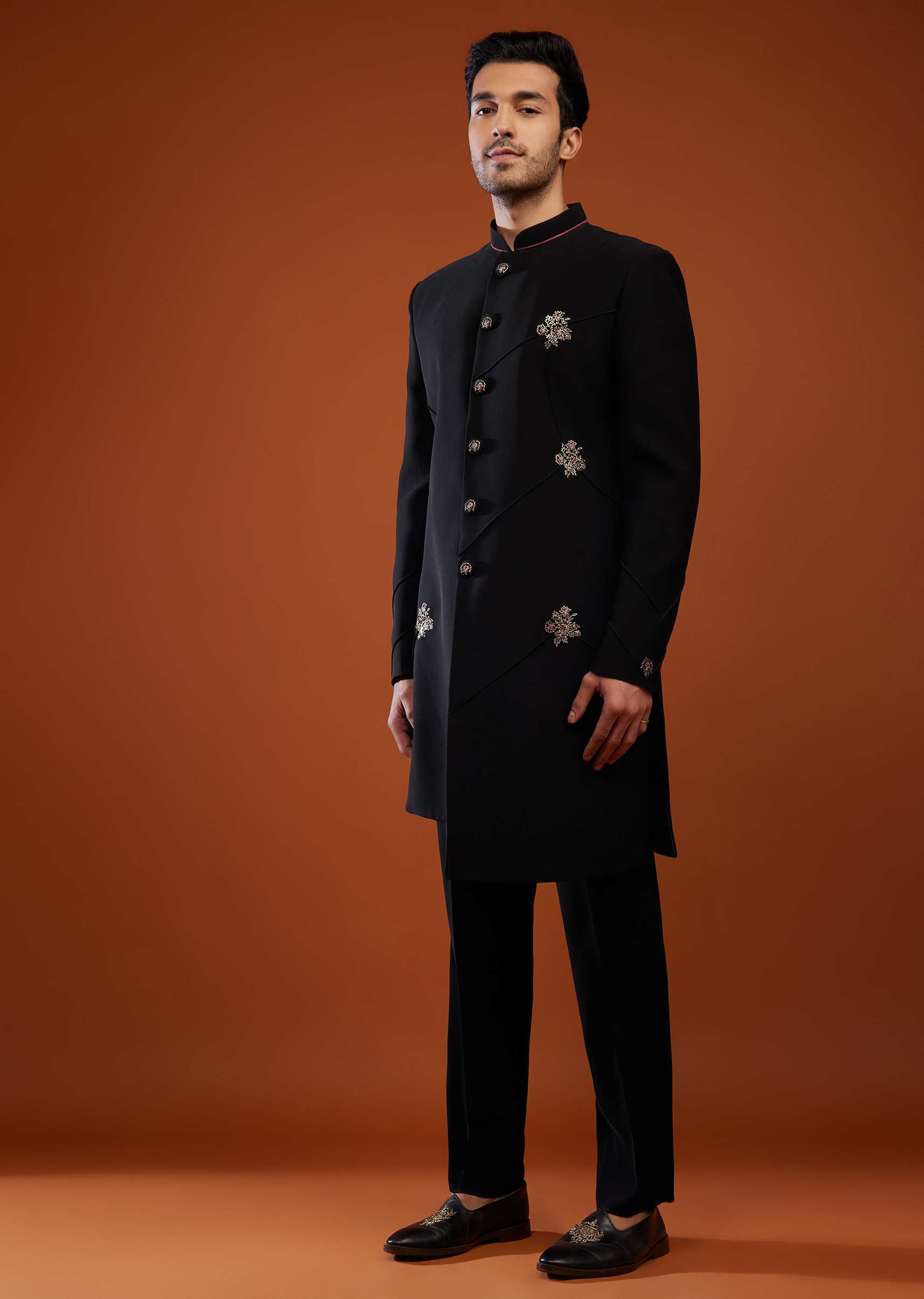 Black Embroidered Sherwani Set In Suiting Fabric - Image 4