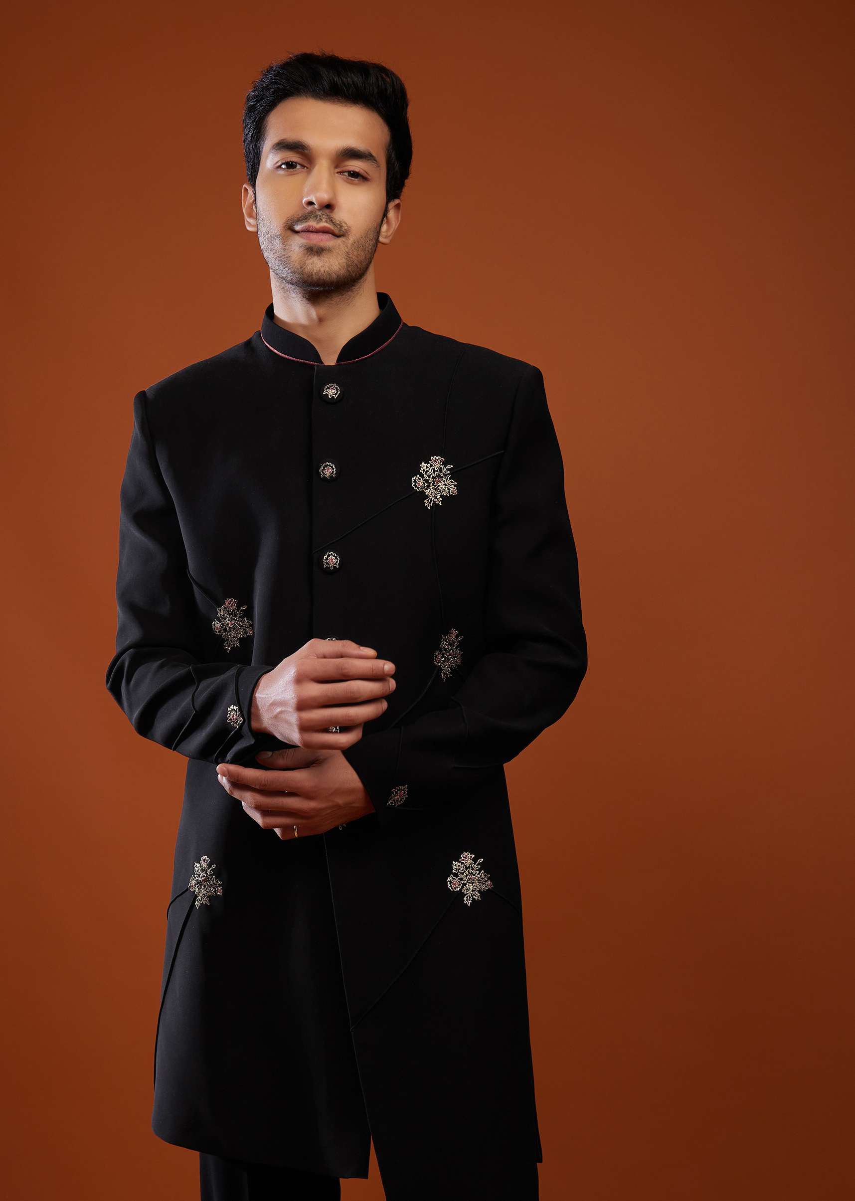 Black Embroidered Sherwani Set In Suiting Fabric - Image 5