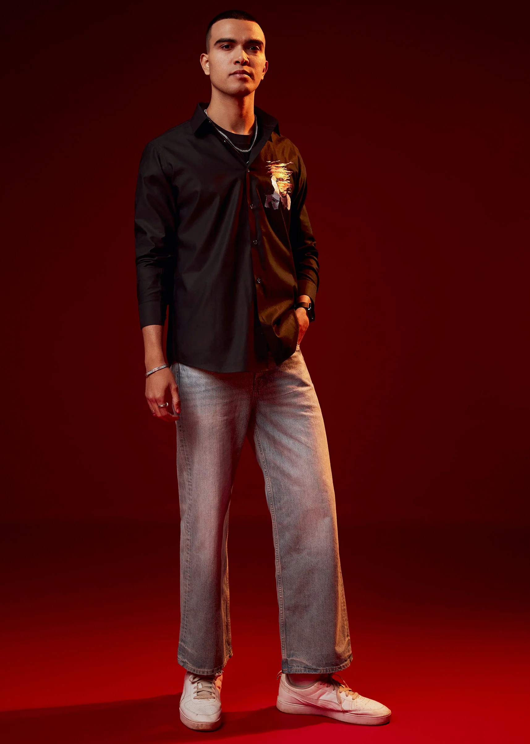 Black Embroidered Silk Blend Festive Shirt
