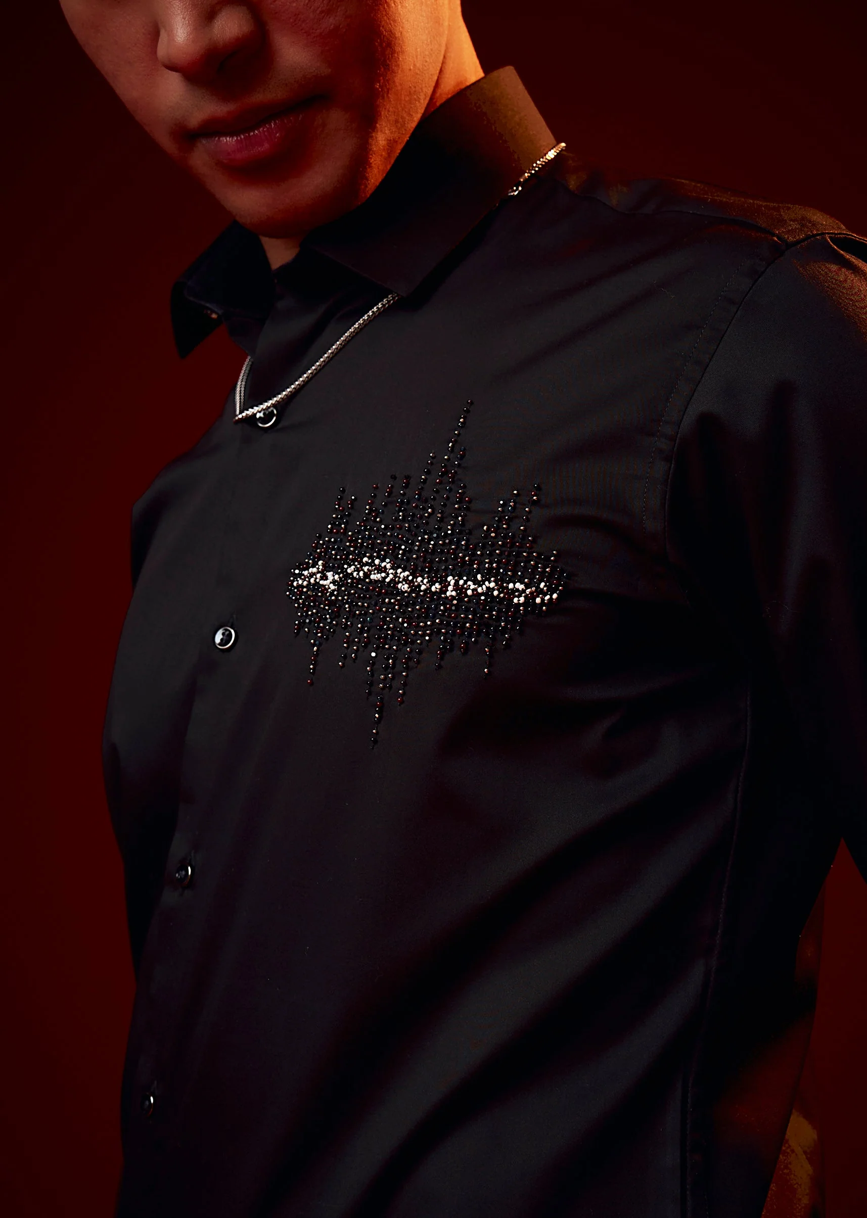 Black Embroidered Silk Blend Mandarin Collar Shirt - Image 2