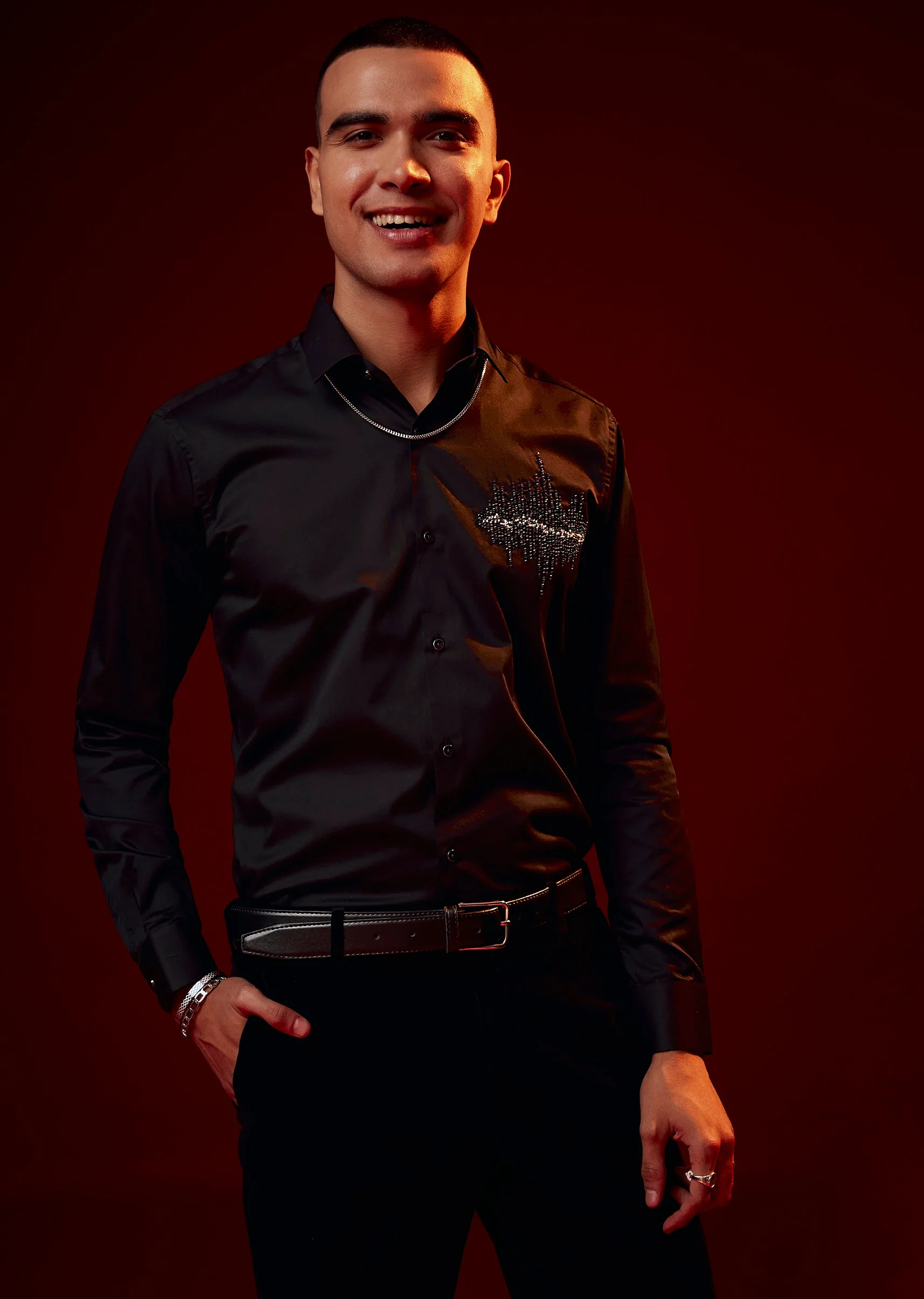 Black Embroidered Silk Blend Mandarin Collar Shirt - Image 3