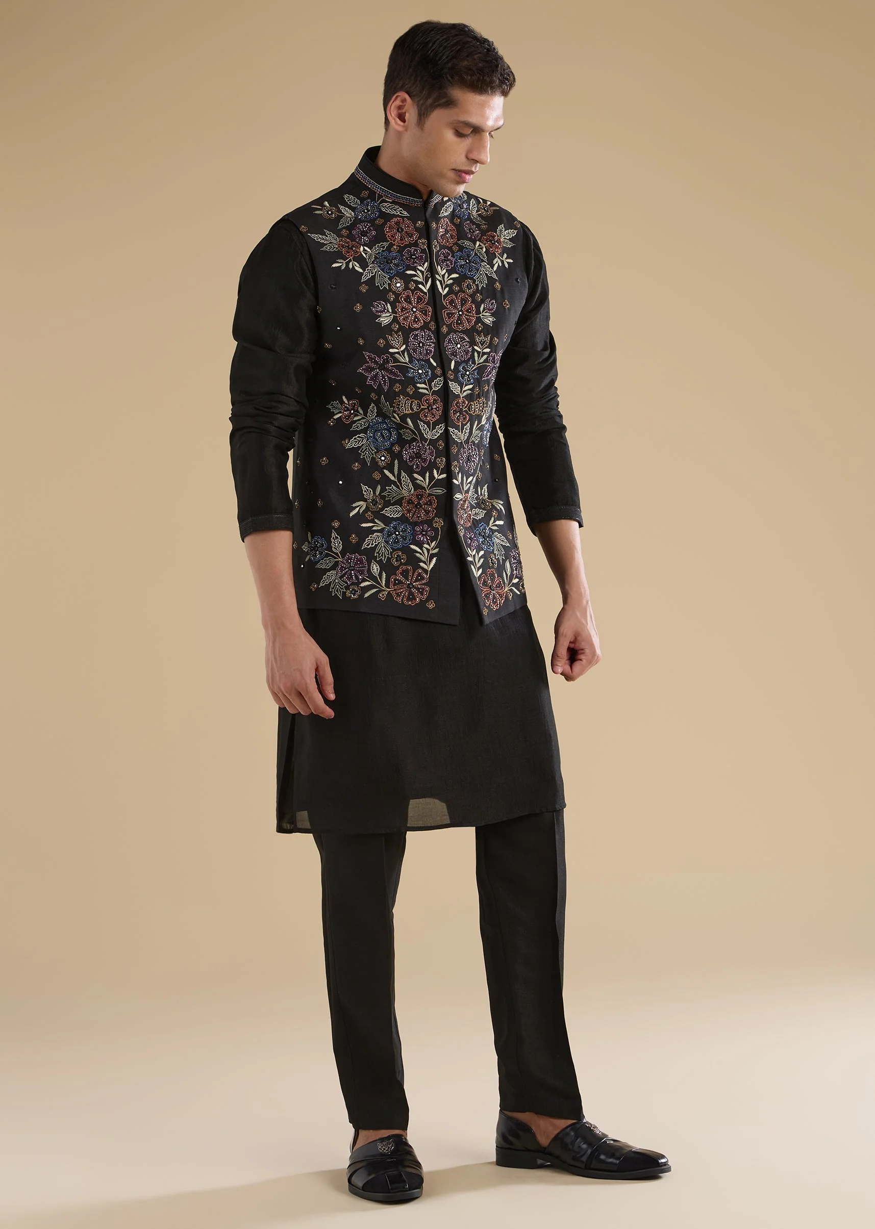 Black Embroidered Silk Kurta Jacket Set