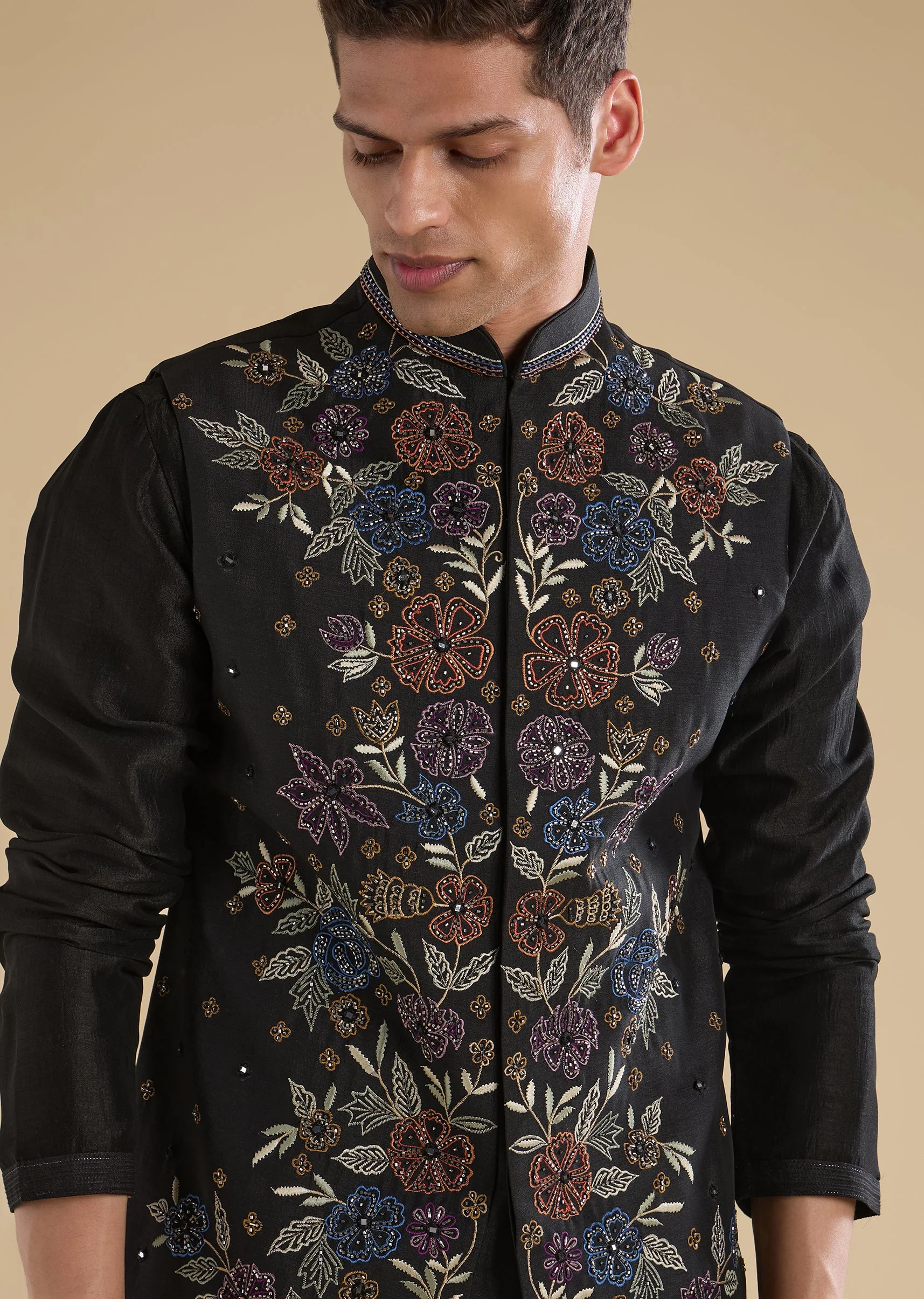 Black Embroidered Silk Kurta Jacket Set - Image 2
