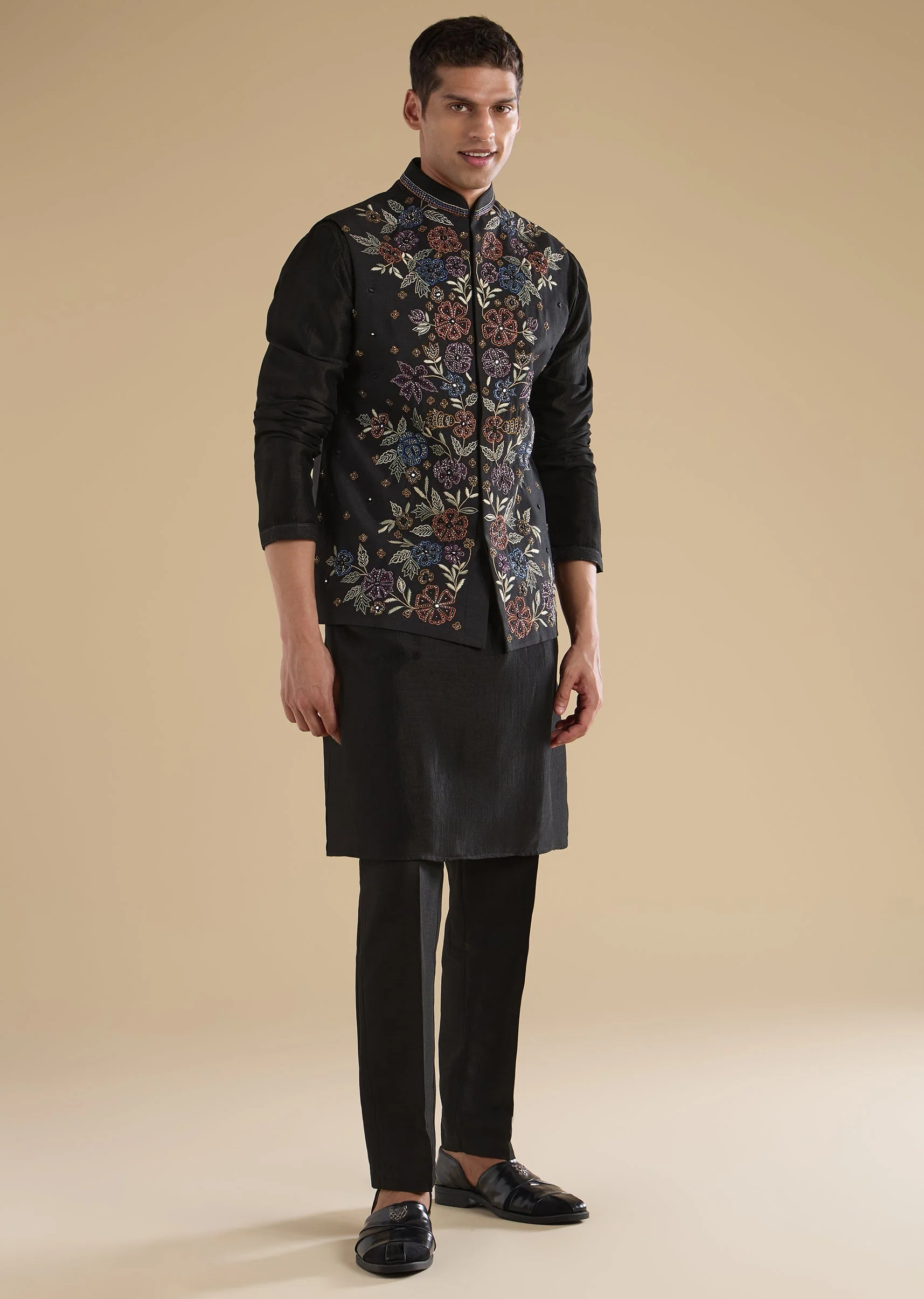 Black Embroidered Silk Kurta Jacket Set - Image 3