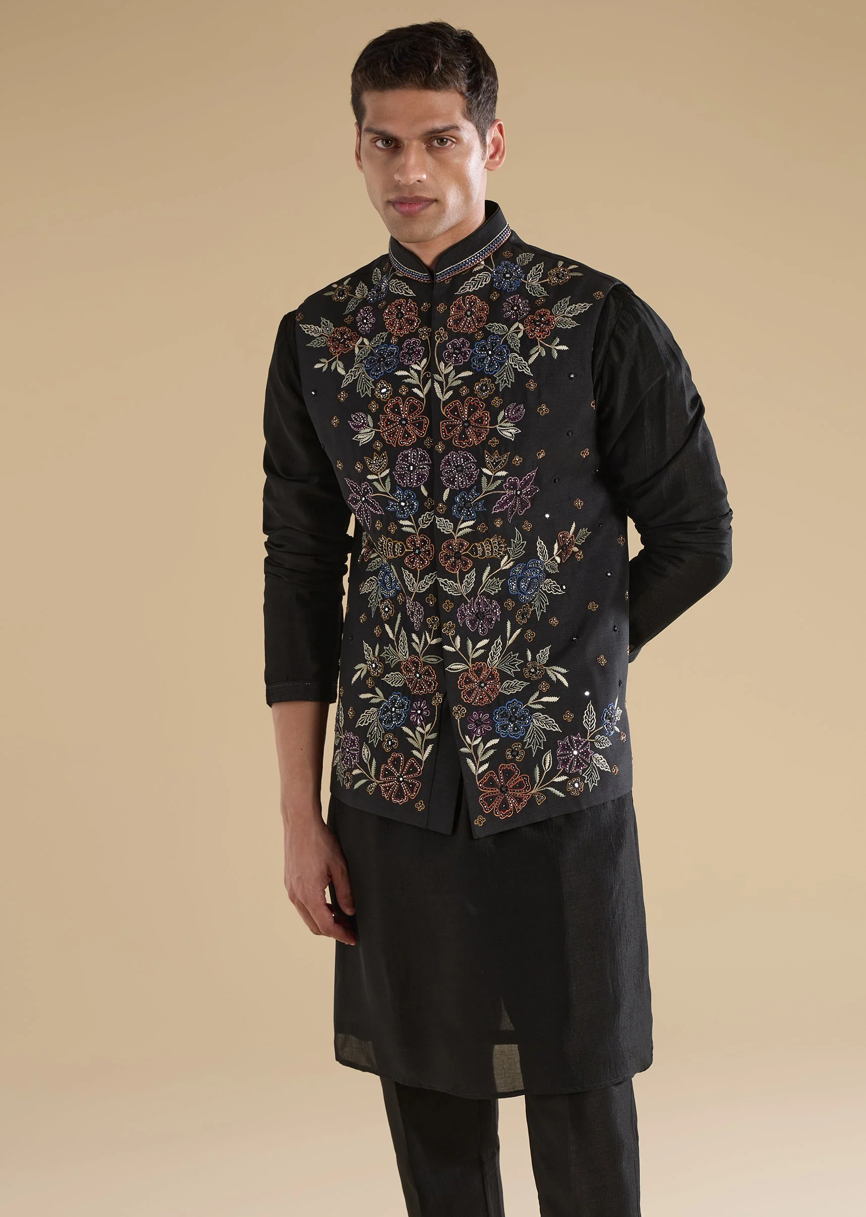 Black Embroidered Silk Kurta Jacket Set - Image 4