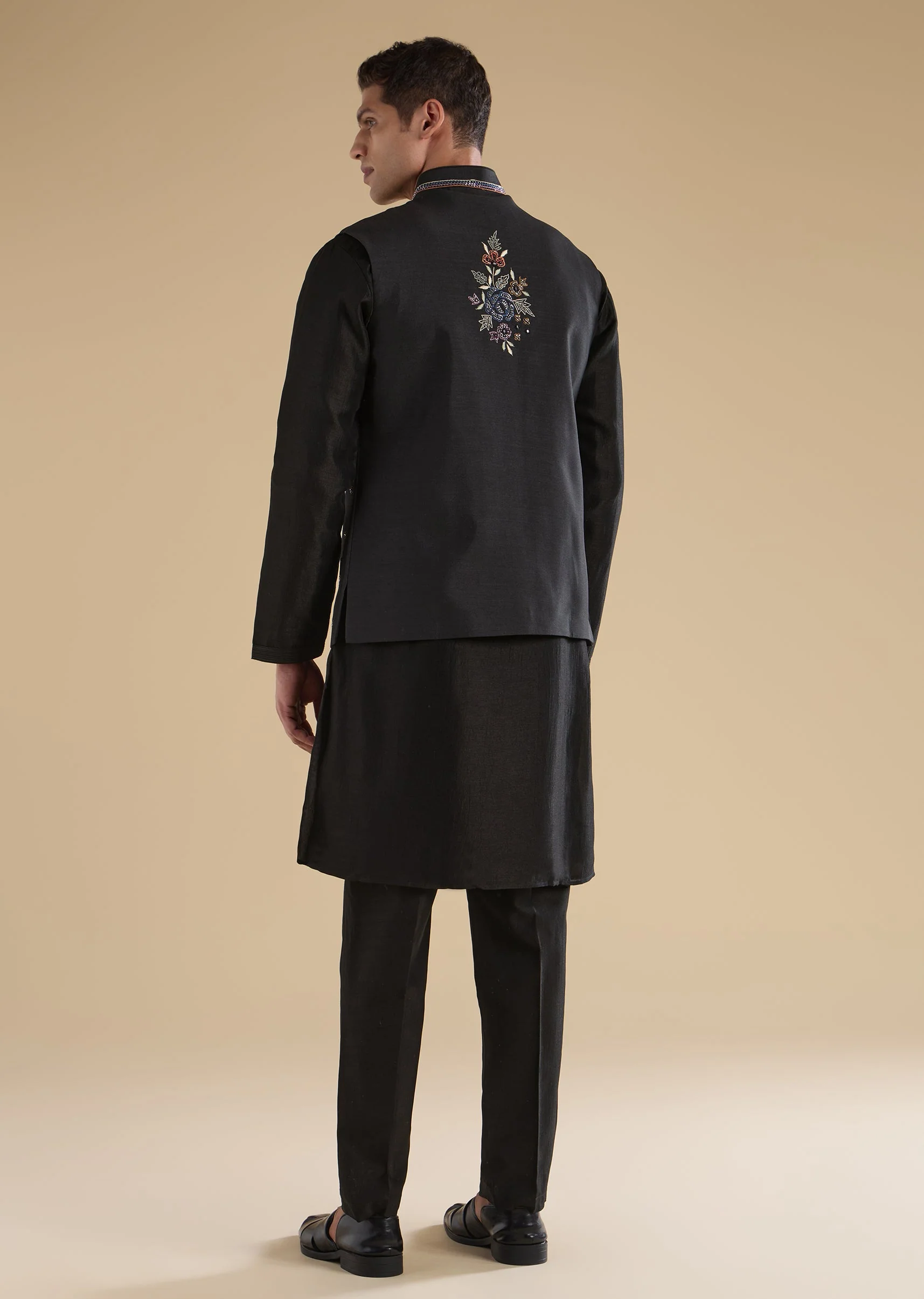 Black Embroidered Silk Kurta Jacket Set - Image 5