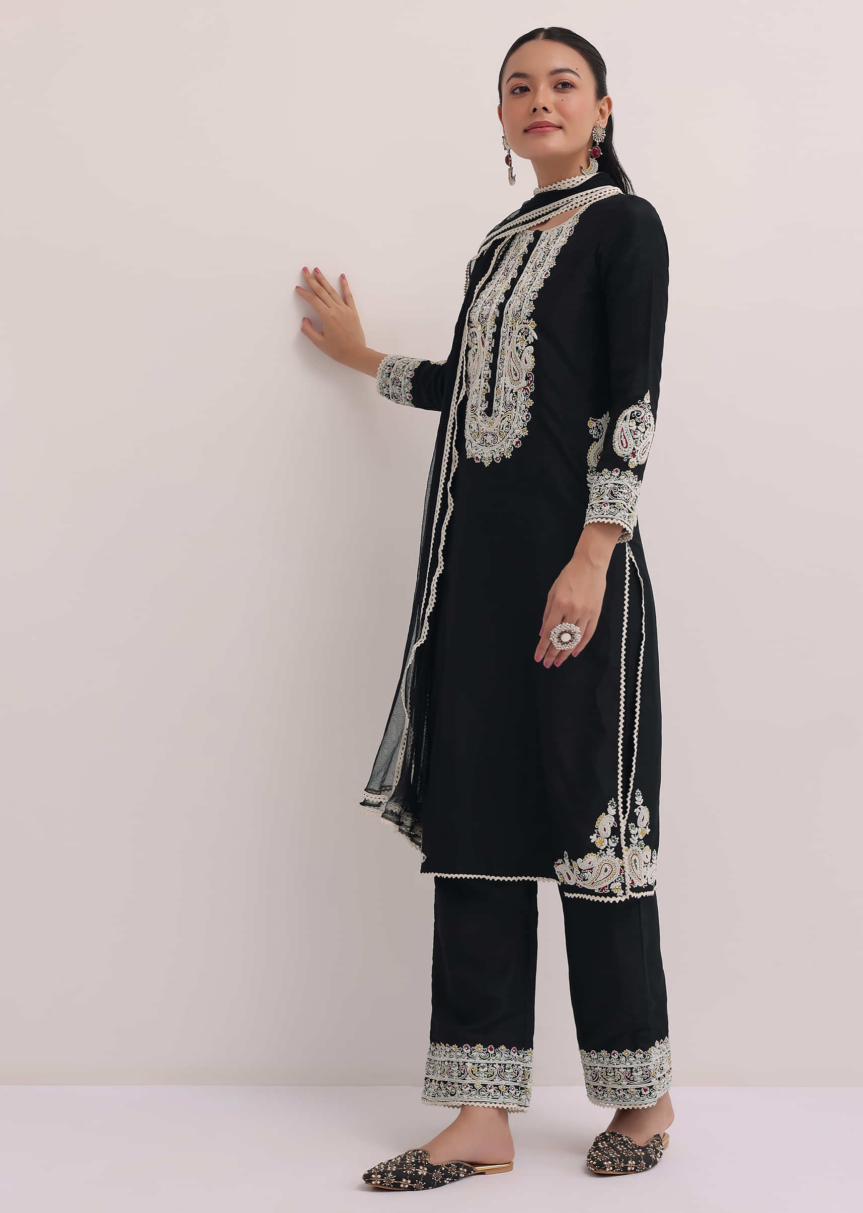 Black Embroidered Silk Kurta Pant Set - Image 3