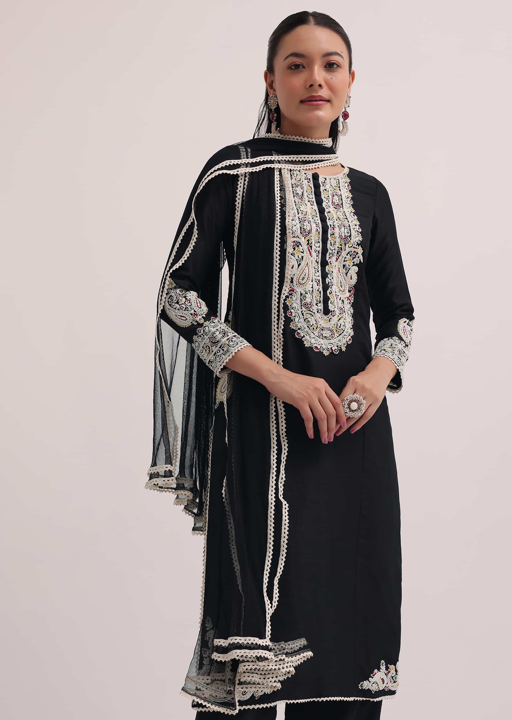 Black Embroidered Silk Kurta Pant Set - Image 4