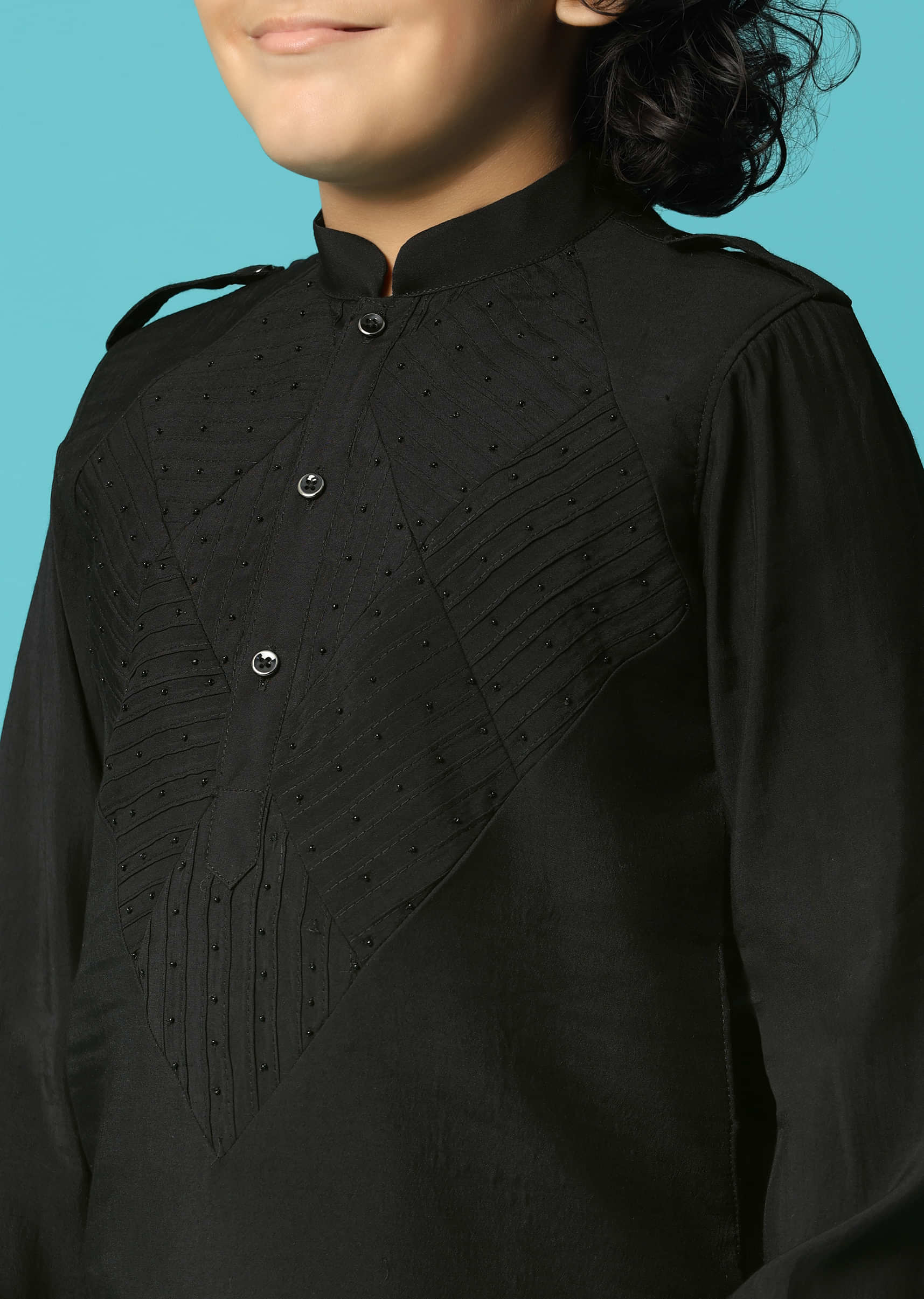 Black Embroidered Silk Kurta Salwar For Boys - Image 2
