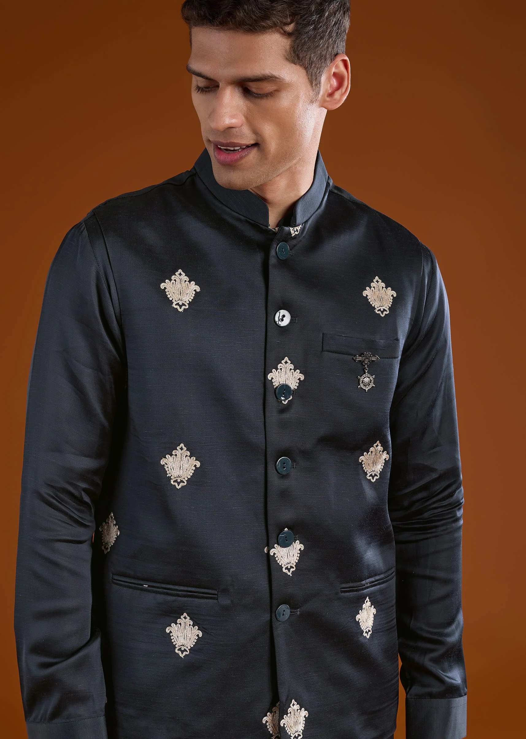 Black Embroidered Silk Linen Kurta Jacket Set - Image 2