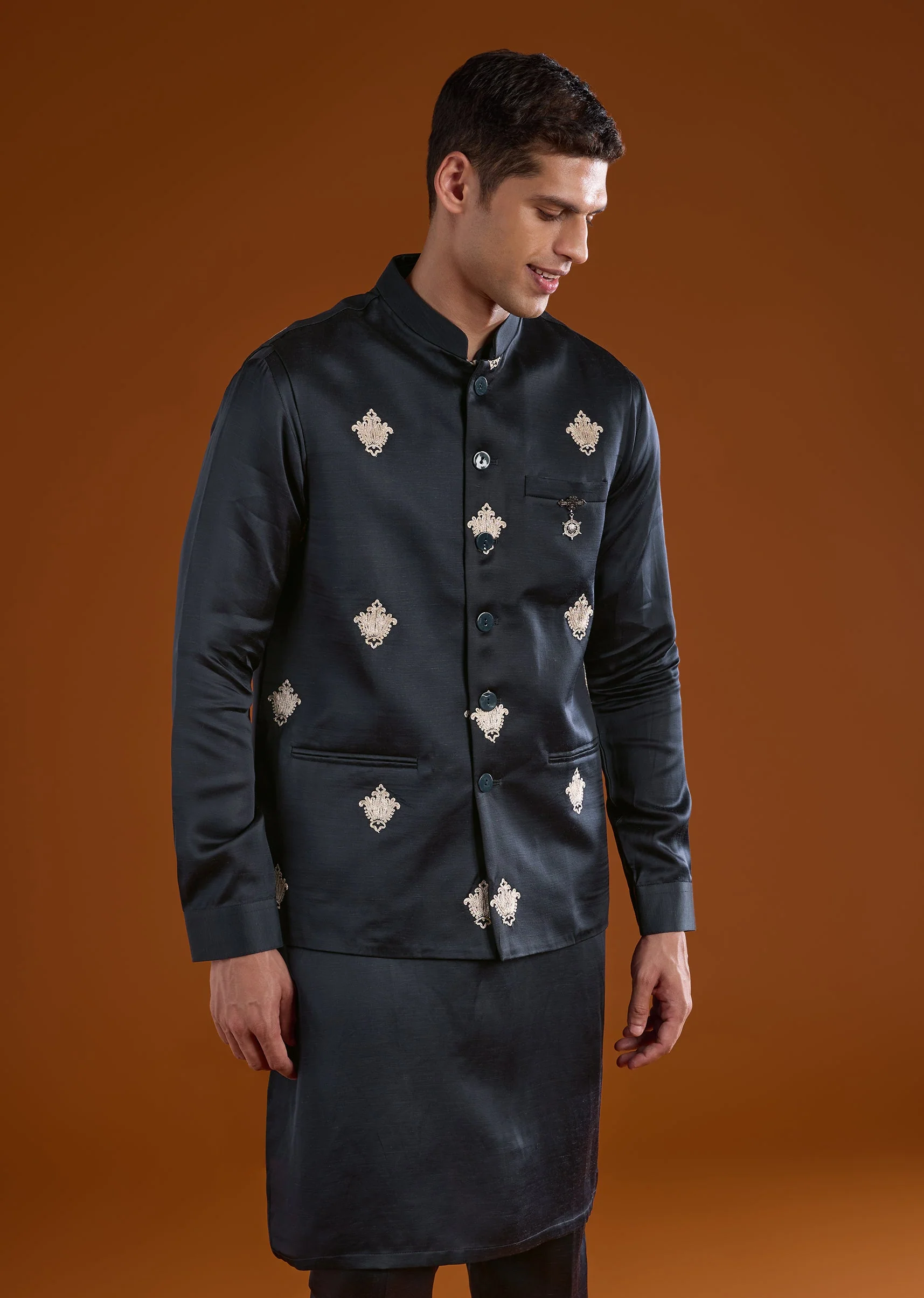 Black Embroidered Silk Linen Kurta Jacket Set - Image 4